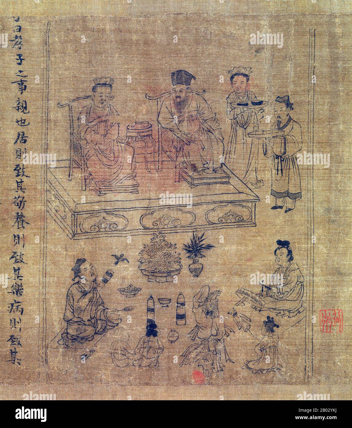 Li Gonglin, Stilname Boshi, Pseudonym Longmian Jushi (Haushalter des Schlafenden Drachens), war ein chinesischer Maler, Beamter und Archäologe in der nördlichen Song-Dynastie. Li Gonglin, geboren in einem wissenschaftlichen Haus in der Nähe der heutigen Stadt Lu'an, bestand mit 21 die höchsten Beamtenprüfungen und wurde Beamter. Er wurde berühmt für seine Pferdebilder, dann wandte er sich der buddhistischen und daoistischen religiösen Malerei sowie Porträts und Landschaften zu. Sein Malstil wurde dem Stil von Gu Kaizhi und Wu Daozi zugeschrieben. Stockfoto