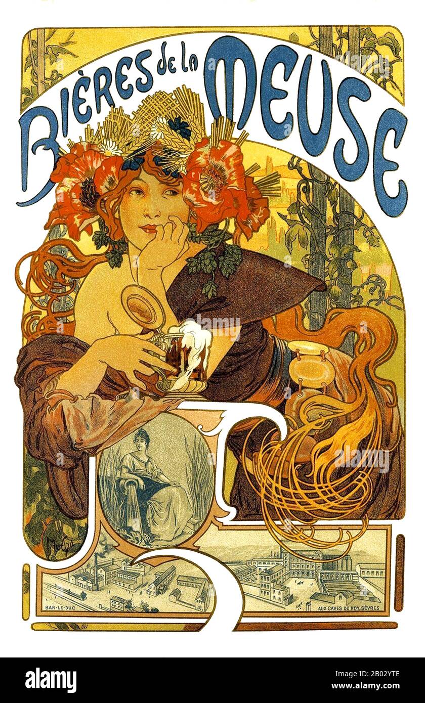 Alfons Maria Mucha (24. Juli 1860 - 14. Juli 1939), auf Englisch und Französisch oft als Alphonse Mucha bekannt, war ein tschechischer Jugendstil-Maler und dekorativer Künstler, der für seinen unverwechselbaren Stil gefeiert wurde. Er fertigte zahlreiche Gemälde, Illustrationen, Anzeigen, Postkarten und Designs an. Stockfoto