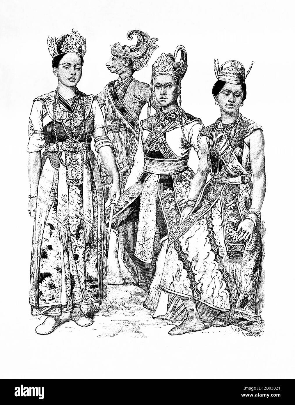 Von 1861 bis 1890 veröffentlichte die Münchner Verlagsgesellschaft von Braun und Schneider Platten historischer und zeitgenössischer Tracht in ihrer Zeitschrift Munchener Bilderbogen. Diese Platten wurden schließlich in Buchform gesammelt und um die Jahrhundertwende in Deutschland und England veröffentlicht. Stockfoto