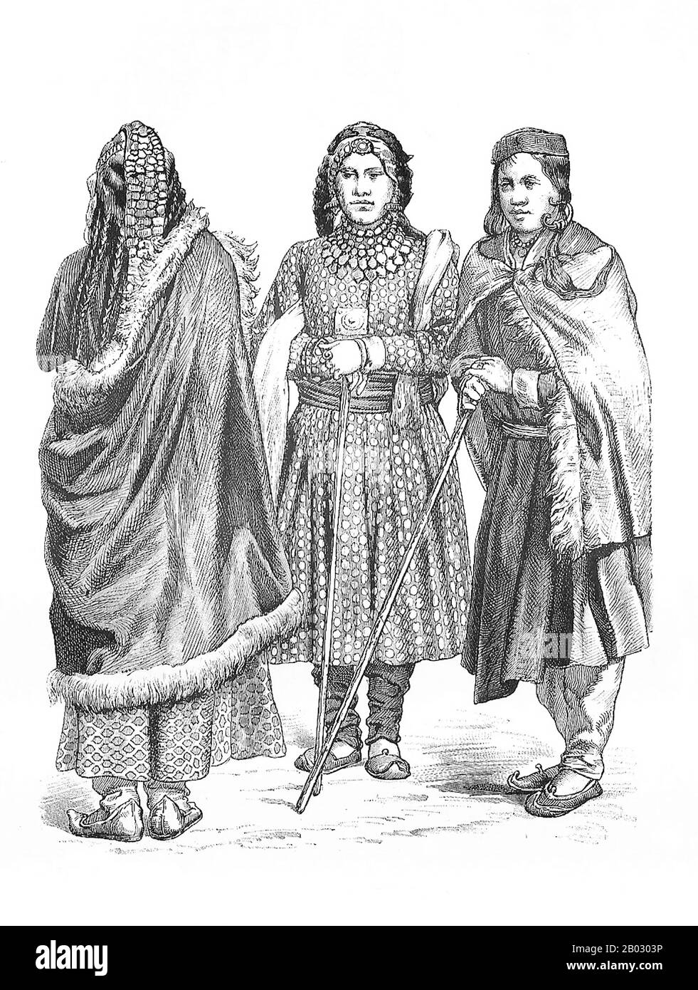 Von 1861 bis 1890 veröffentlichte die Münchner Verlagsgesellschaft von Braun und Schneider Platten historischer und zeitgenössischer Tracht in ihrer Zeitschrift Munchener Bilderbogen. Diese Platten wurden schließlich in Buchform gesammelt und um die Jahrhundertwende in Deutschland und England veröffentlicht. Stockfoto