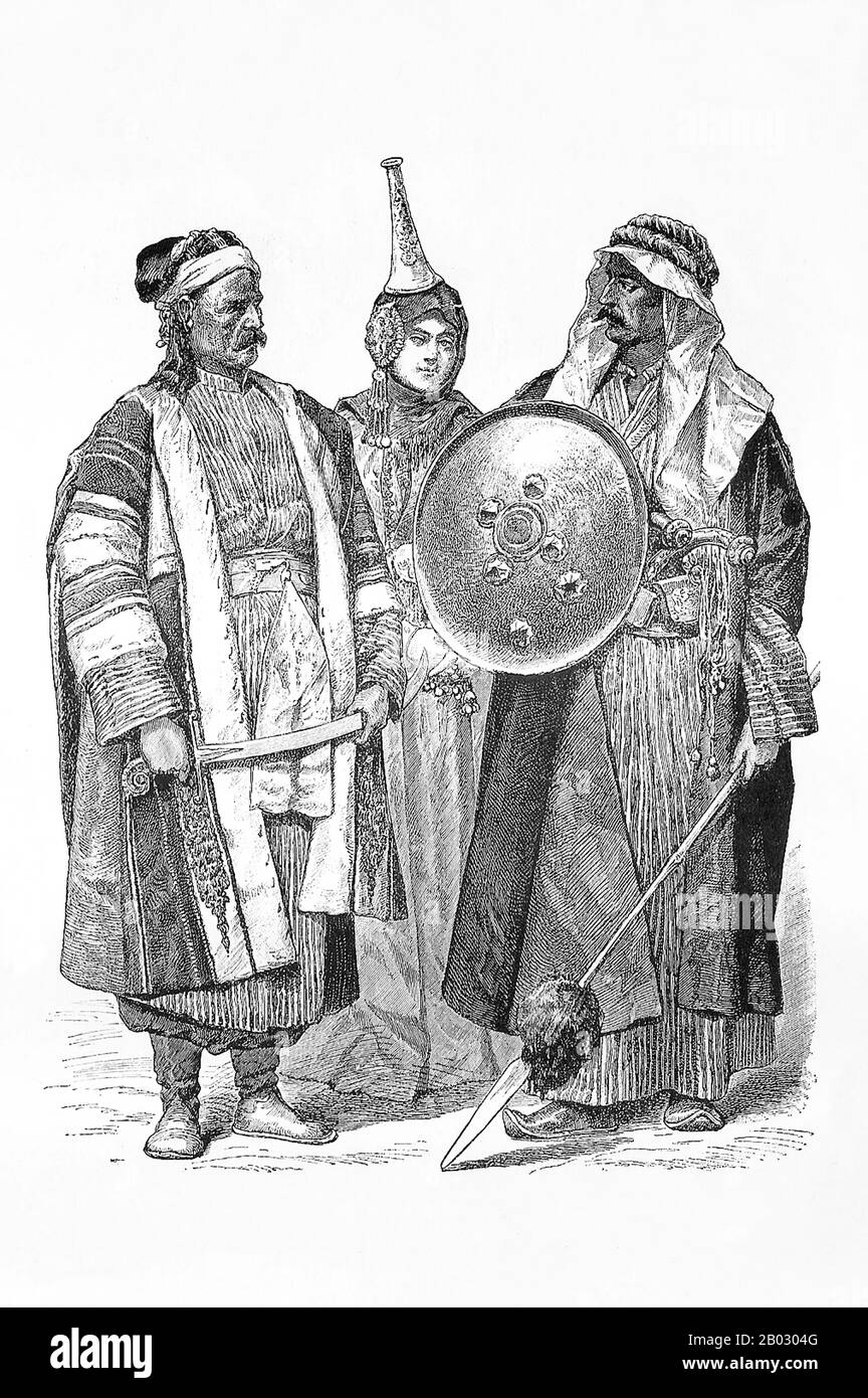 Von 1861 bis 1890 veröffentlichte die Münchner Verlagsgesellschaft von Braun und Schneider Platten historischer und zeitgenössischer Tracht in ihrer Zeitschrift Munchener Bilderbogen. Diese Platten wurden schließlich in Buchform gesammelt und um die Jahrhundertwende in Deutschland und England veröffentlicht. Stockfoto