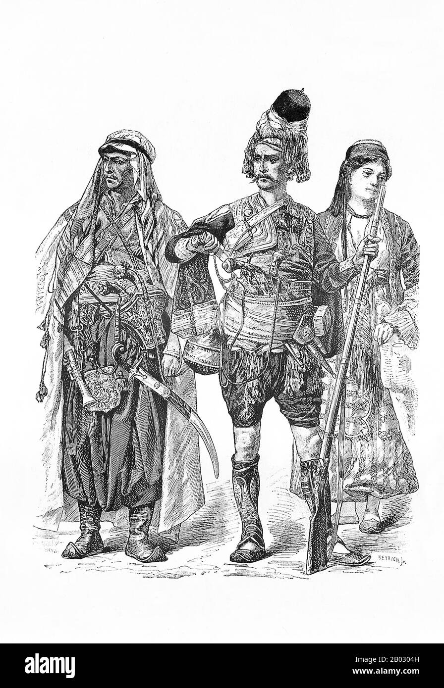 Von 1861 bis 1890 veröffentlichte die Münchner Verlagsgesellschaft von Braun und Schneider Platten historischer und zeitgenössischer Tracht in ihrer Zeitschrift Munchener Bilderbogen. Diese Platten wurden schließlich in Buchform gesammelt und um die Jahrhundertwende in Deutschland und England veröffentlicht. Stockfoto
