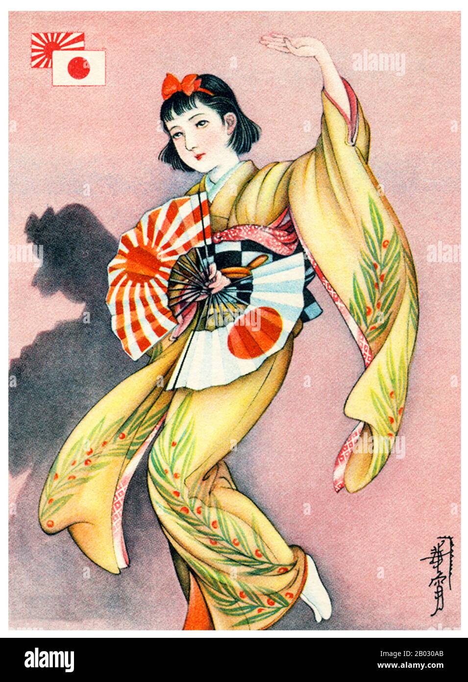 Die Plakatkunst in Japan zwischen etwa 1920 und 1945 spiegelt die schnelle Militarisierung der Gesellschaft und das Wachstum von Militarismus, Statistismus und Faschismus während der Showa-Ära wider. In den 1920er Jahren präsentiert die expo Poster Art Elemente moderner Kunst und sogar Art Deco. Die Themen sind skurral und nach außen gerichtet, was die wachsende Bedeutung und den Einfluss Japans in der Welt des internationalen Handels und der Kunst darstellt. Bis in die 1930er Jahre war diese Art von Plakatkunst viel düsterer geworden, weniger mit menschlichen Themen beschäftigt und mehr auf Statistik und soziale Kontrolle ausgerichtet. Feminine Bilder verschwinden, um durch Räder ersetzt zu werden Stockfoto