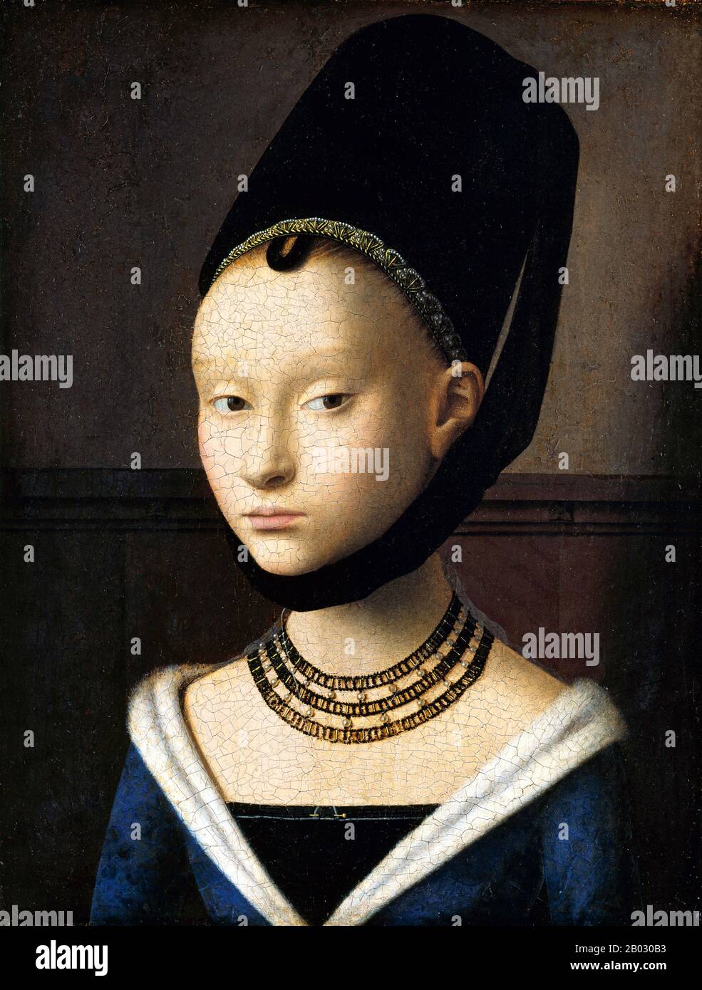 Petrus Christus (ca. 1410/1420 - 1475/1476) war ein Frühniederländischer Maler, der ab 1444 in Brüggen aktiv war, wo er zusammen mit Hans Memling nach dem Tod von Jan van Eyck der führende Maler wurde. Er wurde von van Eyck und Rogier van der Weyden beeinflusst und ist für seine Innovationen mit linearer Perspektive und einer akribischen Technik, die sich aus Miniaturen und Handschriften-Beleuchtung abzuleiten scheint, bekannt. Dieses Gemälde befindet sich derzeit in der Berliner Gemäldegalerie. Stockfoto