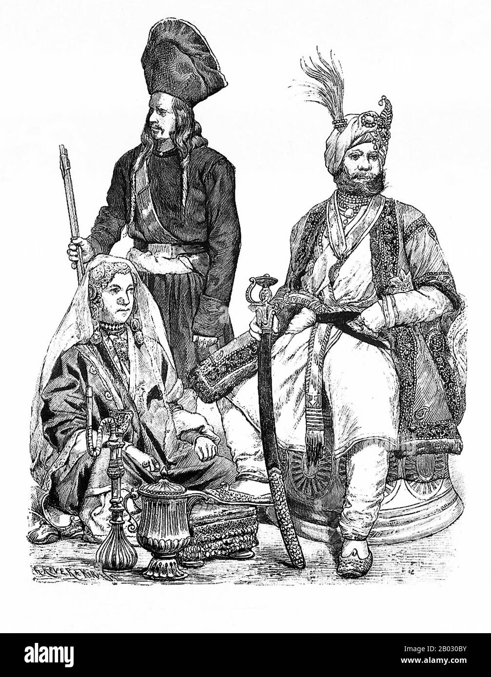 Von 1861 bis 1890 veröffentlichte die Münchner Verlagsgesellschaft von Braun und Schneider Platten historischer und zeitgenössischer Tracht in ihrer Zeitschrift Munchener Bilderbogen. Diese Platten wurden schließlich in Buchform gesammelt und um die Jahrhundertwende in Deutschland und England veröffentlicht. Stockfoto