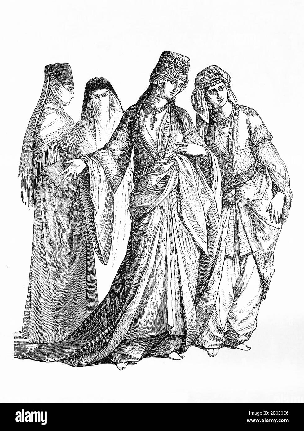 Von 1861 bis 1890 veröffentlichte die Münchner Verlagsgesellschaft von Braun und Schneider Platten historischer und zeitgenössischer Tracht in ihrer Zeitschrift Munchener Bilderbogen. Diese Platten wurden schließlich in Buchform gesammelt und um die Jahrhundertwende in Deutschland und England veröffentlicht. Stockfoto