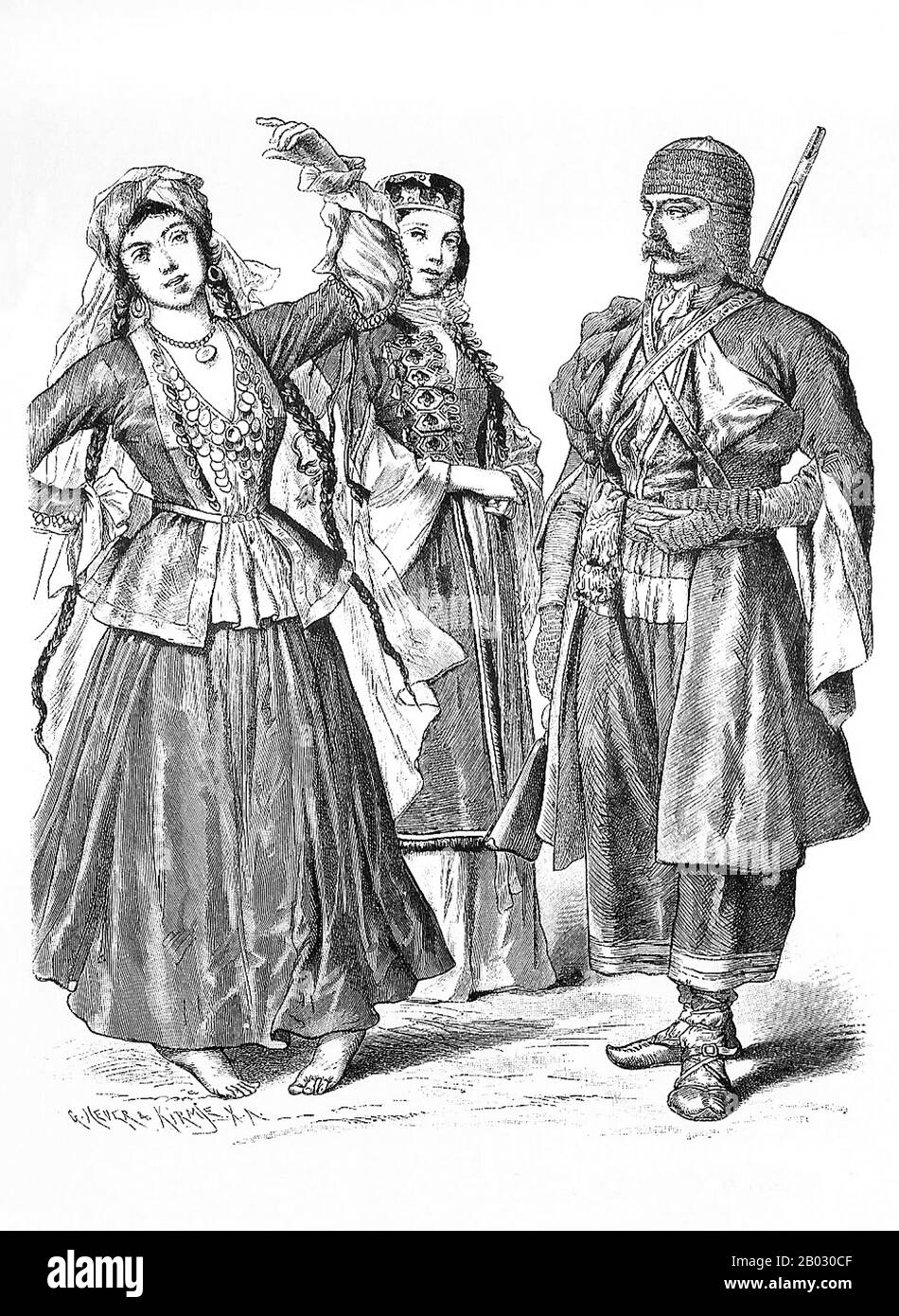 Von 1861 bis 1890 veröffentlichte die Münchner Verlagsgesellschaft von Braun und Schneider Platten historischer und zeitgenössischer Tracht in ihrer Zeitschrift Munchener Bilderbogen. Diese Platten wurden schließlich in Buchform gesammelt und um die Jahrhundertwende in Deutschland und England veröffentlicht. Stockfoto