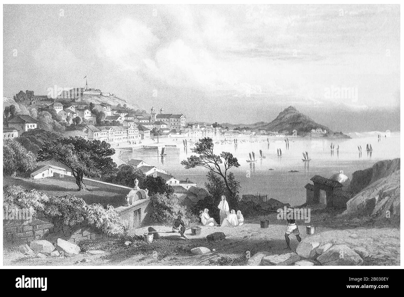 William (Wilhelm) Heine war 1853-54 offizieller Künstler von Commodore Matthew C. Perrys Expedition Black Ships nach Japan. Nach seiner Rückkehr in die Vereinigten Staaten fertigte er eine Reihe von Druckgrafiken an, die die Reise darstellen. Bei diesem Projekt wurde die New Yorker lithographische Firma Sarony beschäftigt, zu dieser Zeit wahrscheinlich die am besten ausgebildeten Handwerker in ihrem Beruf in den Vereinigten Staaten. Stockfoto