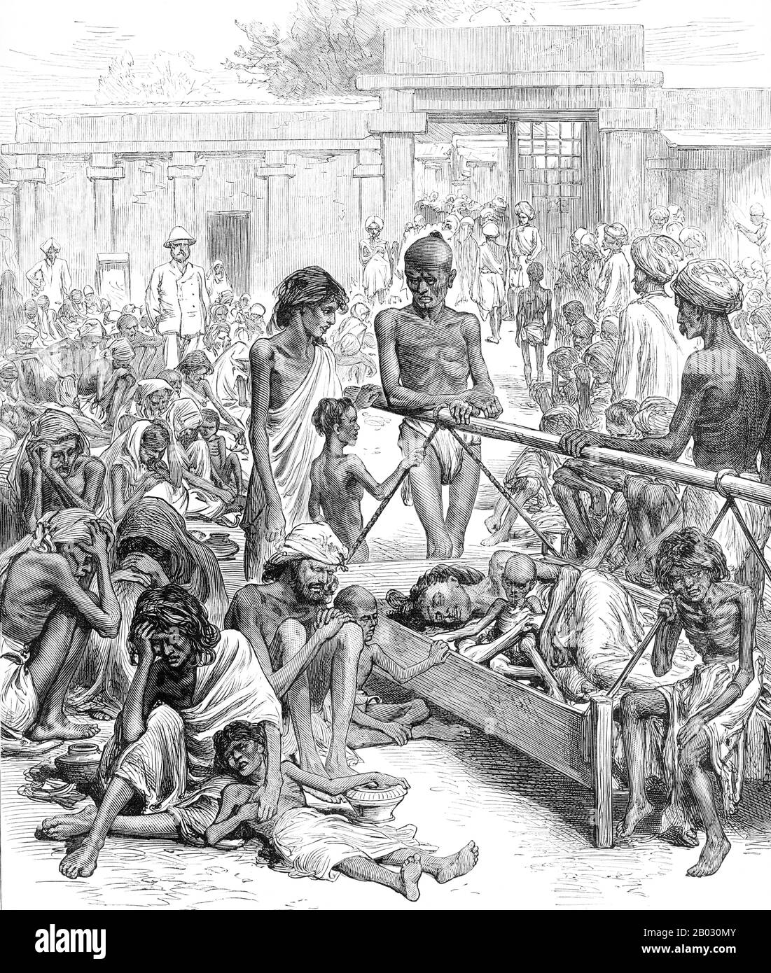 Die Große Hungersnot von 1872-78 (auch die Südindien-Hungersnot von 62-78 oder die Madras-Hungersnot von 1877) war eine Hungersnot in Indien, die im Jahr 1876 begann und Süd- und Südwestindien (Madras, Mysore, Hyderabad und Bombay) für einen Zeitraum von zwei Jahren betraf. Im zweiten Jahr breitete sich die Hungersnot auch nach Norden in einige Regionen der Zentralprovinzen und der nordwestlichen Provinzen aus und in ein kleines Gebiet im Punjab. Die Hungersnot umfasste schließlich eine Fläche von 670.000 Quadratkilometer (257.000 sq mi) und sorgte für eine Bedrängnis bei einer Bevölkerung von insgesamt 58.500.000. Die Zahl der Todesopfer dieser Hungersnot wird geschätzt Stockfoto