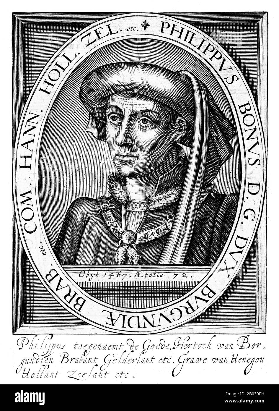 Philipp der Gute (französisch: Philippe le Bon, niederländisch: Filips de Goede; 31. Juli 1396 - 15. Juni 1467) war von 1419 bis zu seinem Tod Herzog von Burgunden als Philipp III. Während seiner Regierungszeit erreichte der Burgunder den Höhepunkt seines Wohlstands und seines Prestiges und wurde zu einem führenden Zentrum der Künste. Philipp ist in der Geschichte für seine Verwaltungsreformen bekannt, die Schirmherrschaft flämischer Künstler wie Jan van Eyck, französisch-flämischer Komponisten wie Gilles Binchois, Und die Aufnahme von Joan of Arc. Während seiner Regierungszeit wechselte er zwischen englischen und französischen Bündnissen, um die Position seiner Dynastie zu verbessern. Außerdem, wie Stockfoto