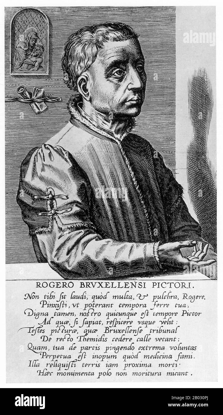 Rogier van der Weyden (1399 oder 1400 - 18. Juni 1464) war ein Frühniederländischer/flämischer Maler. Seine überlieferten Werke bestehen hauptsächlich aus religiösen Triptychen, Altarbildern und beauftragten Einzel- und Diptychen-Porträts. Obwohl sein Leben im Allgemeinen ereignislos war, war er zeitlebens sehr erfolgreich und international berühmt. Seine Bilder wurden nach Italien und Spanien exportiert oder gebracht, und er erhielt Provisionen von unter anderem Philipp dem Guten, niederländischen Adel und verschiedenen ausländischen Fürsten. In der zweiten Hälfte des 15. Jahrhunderts hatte er Jan van Eyck in der Popularität in den Schatten gestellt. Aber sein fa Stockfoto