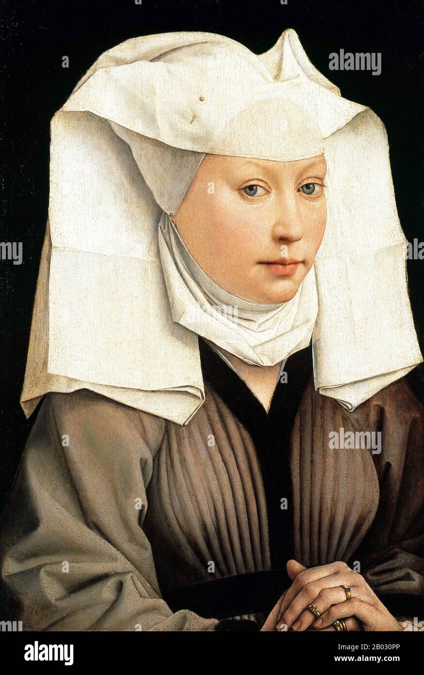 Rogier van der Weyden (1399 oder 1400 - 18. Juni 1464) war ein Frühniederländischer/flämischer Maler. Seine überlieferten Werke bestehen hauptsächlich aus religiösen Triptychen, Altarbildern und beauftragten Einzel- und Diptychen-Porträts. Obwohl sein Leben im Allgemeinen ereignislos war, war er zeitlebens sehr erfolgreich und international berühmt. Seine Bilder wurden nach Italien und Spanien exportiert oder gebracht, und er erhielt Provisionen von unter anderem Philipp dem Guten, niederländischen Adel und verschiedenen ausländischen Fürsten. In der zweiten Hälfte des 15. Jahrhunderts hatte er Jan van Eyck in der Popularität in den Schatten gestellt. Aber sein fa Stockfoto