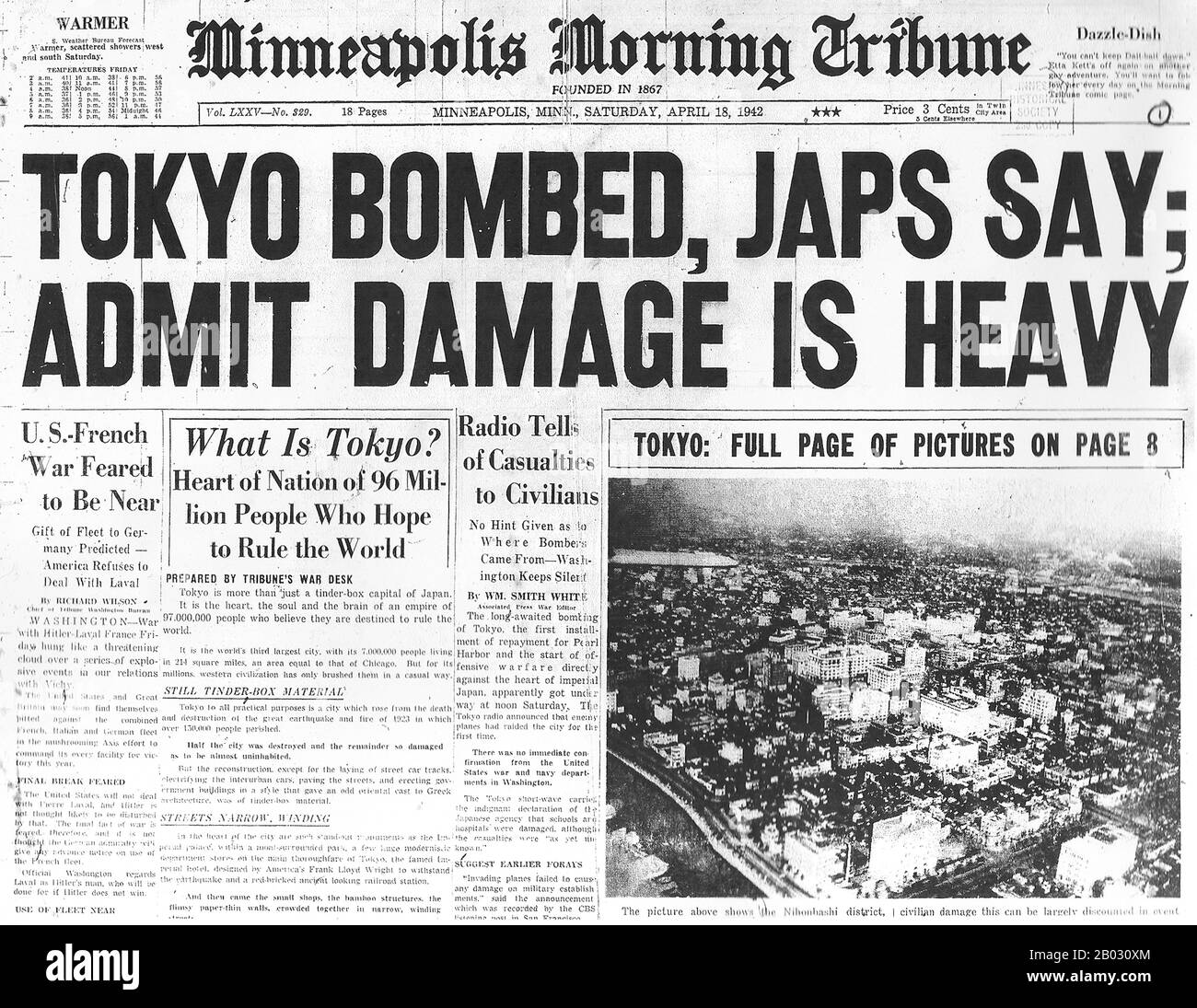Der Doolittle Raid, auch bekannt als Tokioter Überfall, am 18. April 1942 war ein luftangriff der Vereinigten Staaten auf die japanische Hauptstadt Tokio und andere Orte auf der Honshu-Insel während des zweiten Weltkriegs, der erste luftangriff, der die japanischen Home Islands traf. Es zeigte, dass Japan selbst anfällig für amerikanischen Luftangriff war, diente als Vergeltung für den japanischen Angriff auf Pearl Harbor am 7. Dezember 1941 und sorgte für einen wichtigen Schub für die amerikanische Moral bei gleichzeitiger Beschädigung der japanischen Moral. Der überfall wurde von Oberstleutnant James Doolittle geplant und geleitet. Sechzehn US-Army Air Forces B-25B Mitchell Medium Stockfoto