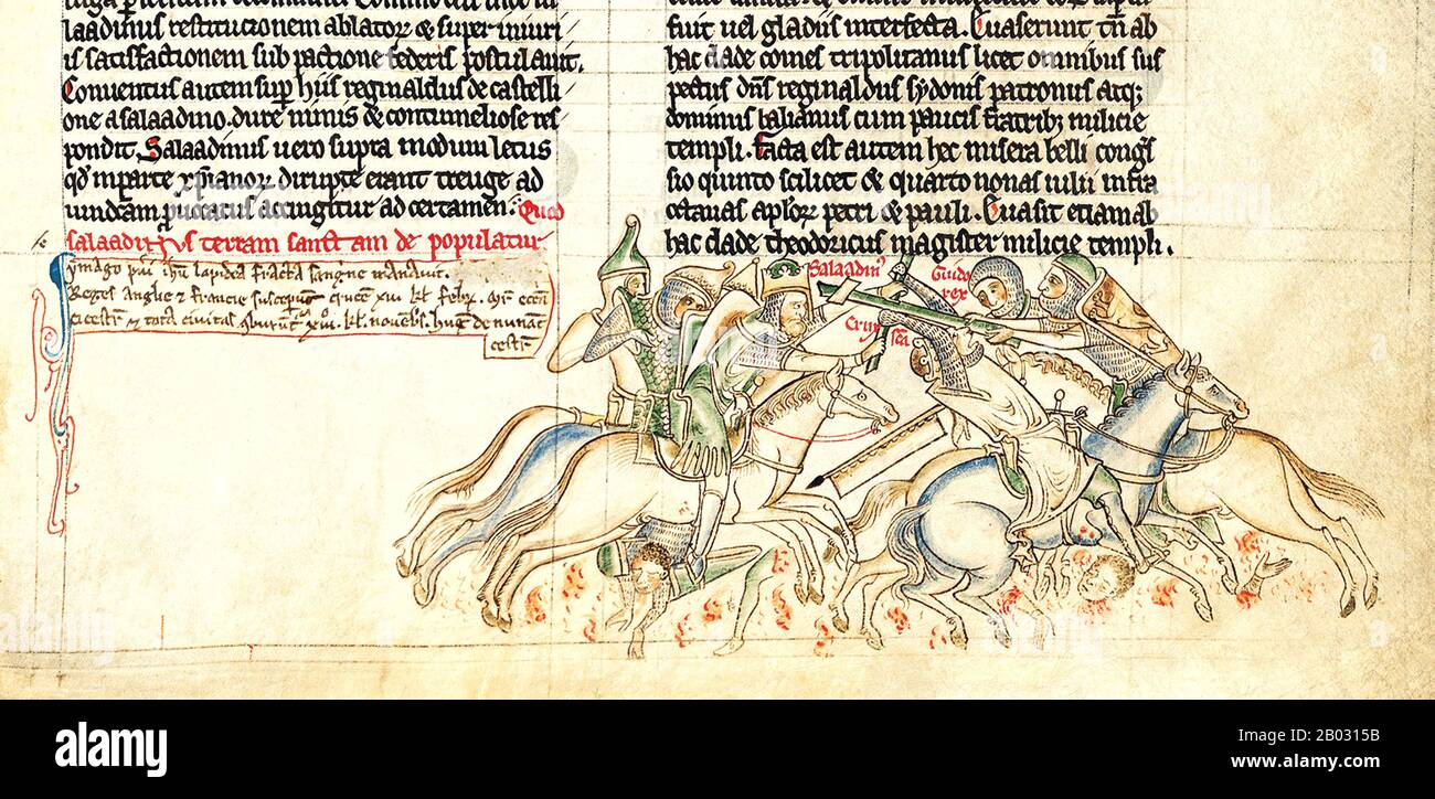 Die Schlacht von Hattin fand am 3. Und 4. Juli 1187 zwischen dem Kreuzfahrerreich Jerusalem und den Truppen des kurdischen Ayyubiden-Sultans Salah ad-Din statt, der im Westen als Saladin bekannt ist. Sie wird auch als "Schlacht der Hörner von Hattin" bezeichnet, die von einem nahe gelegenen, erloschenen Vulkan stammt. Die muslimischen Armeen unter Saladin nahmen die überwiegende Mehrheit der Kreuzzugskräfte gefangen oder töteten sie, wodurch sie ihre Kriegsfähigkeit ausbauten. Als direkte Folge der Schlacht wurden die islamischen Streitkräfte erneut zur vornehmlichen Militärmacht im Heiligen Land und eroberten Jerusalem und mehrere andere Kreuzfahrerstädte zurück. Diese Christen Stockfoto