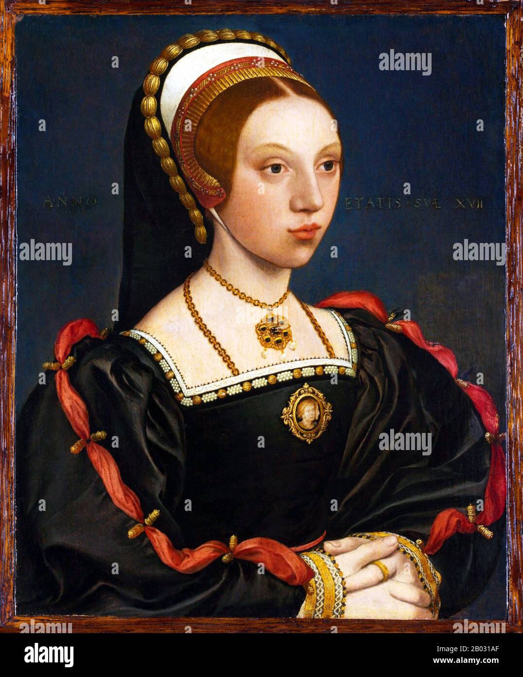 Catherine Howard (ca. 1521 - 13. Februar 1542) war von 1540 bis 1541 Königin von England, als fünfte Frau von Heinrich VIII Catherine heiratete Heinrich VIII. Am 28. Juli 1540 im Oatlands Palace in Surrey, fast unmittelbar nach der Aufhebung seiner Ehe mit Anne von Cleves. Catherine wurde nach weniger als zwei Jahren Ehe mit Henry wegen Verrats enthauptet, indem sie Ehebruch begeht, während sie mit dem König verheiratet war. Stockfoto