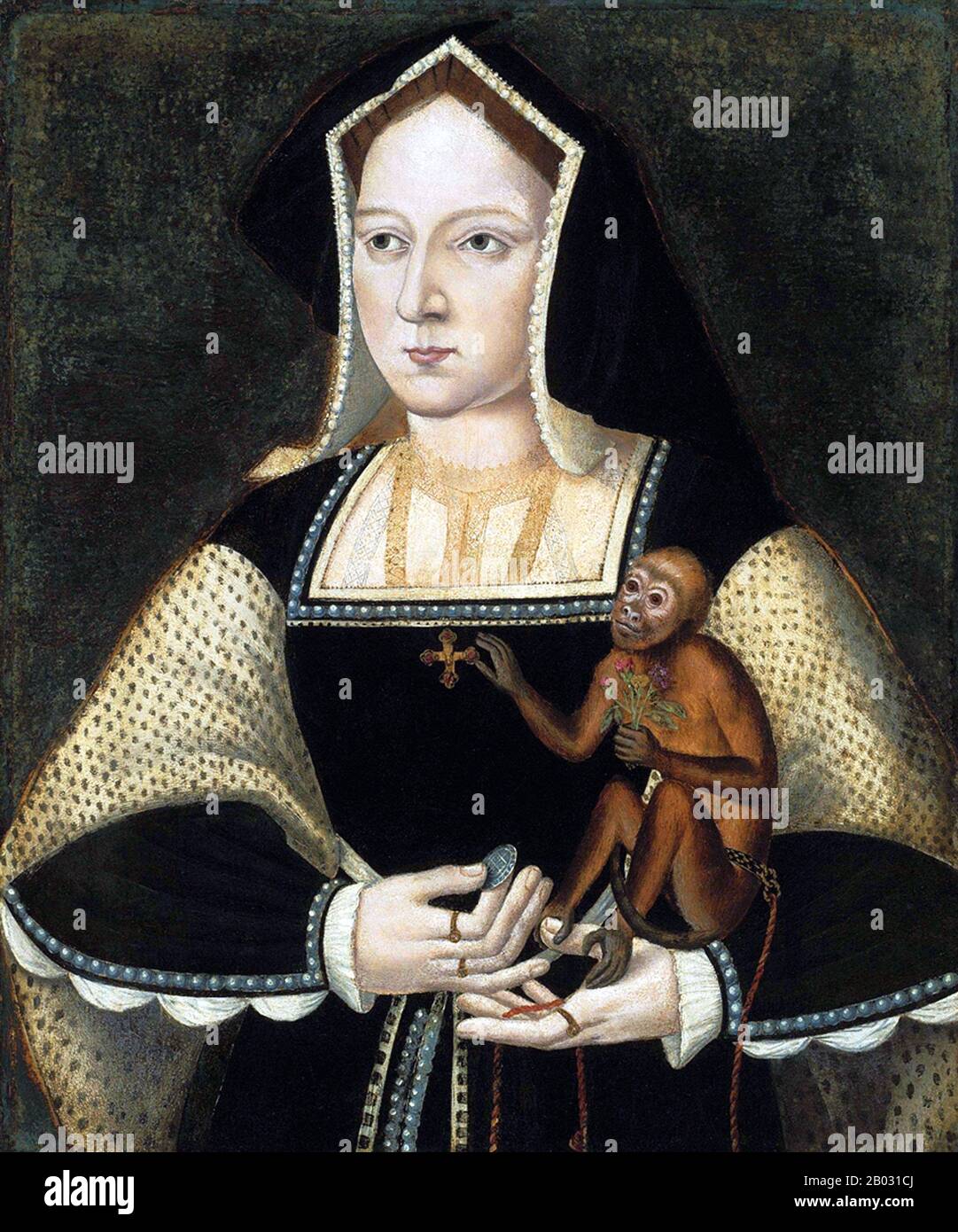 Katharina von Aragon (Kastilisch: Catalina; auch Katherine von Aragon geschrieben, 16. Dezember 1485 - 7. Januar 1536) war von Juni 1509 bis Mai 1533 die Königin von England als erste Frau von König Heinrich VIII.; sie war zuvor Prinzessin von Wales als Ehefrau von Prinz Arthur. Katharina, die Tochter von Königin Isella I. von Kastilien und König Ferdinand II. Von Aragon, war drei Jahre alt, als sie Prinz Arthur, dem Thronfolger der Engländer, verlobt wurde. Sie heirateten 1501, Arthur starb fünf Monate später. 1507 hatte sie das Amt des Botschafters für den spanischen Gerichtshof in England inne Stockfoto