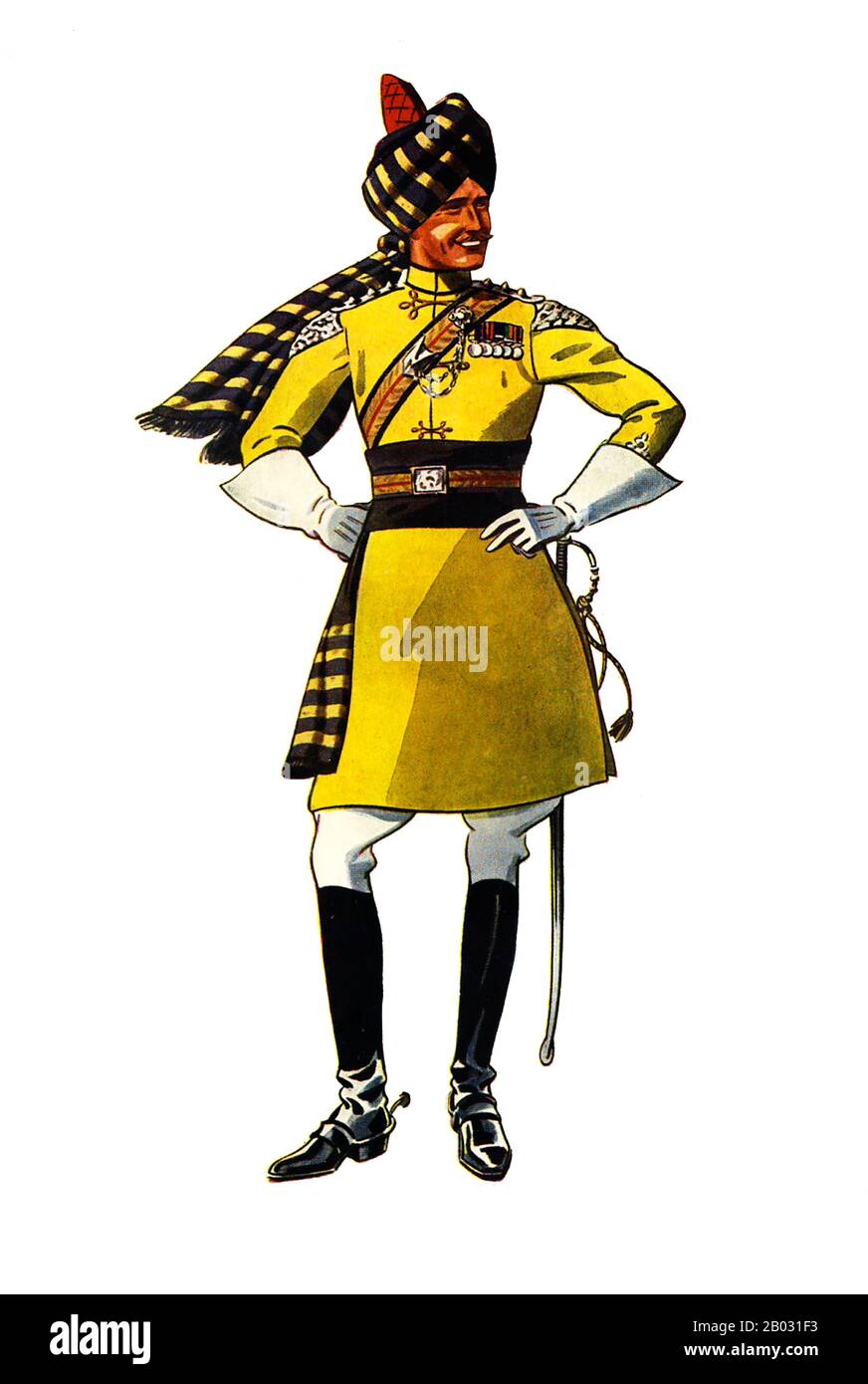 Das 1st Horse (Skinner's Horse) ist ein Höhlenregiment der indischen Armee, das vor der Unabhängigkeit in der British Indian Army diente. Das Regiment wurde im Jahr 1803 als Skinner's Horse von James Skinner ('Sikander Sahib') als unregelmäßiges Kavallerienregiment in den Dienst der East India Company gestellt. Später wurde sie in "1st Bengal Lancers" umbenannt. Das Regiment wurde (und bleibt) zu einem der seniorsten Kavaliersregimenter des Panzerkorps der indischen Armee. Ein zweites Regiment der indischen Kavallerie wurde von Oberst James Skinner im Jahr 1814 aufgestellt, der zum 3. Skinner's Horse wurde. Auf die Reduktion von Th Stockfoto