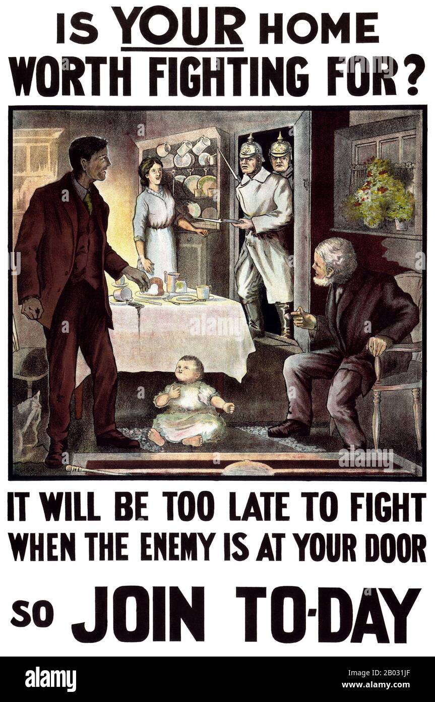 Der erste Weltkrieg (erster Weltkrieg oder erster Weltkrieg oder erster Weltkrieg), auch erster Weltkrieg oder großer Krieg genannt, war ein in Europa zentrierter globaler Krieg, der am 28. Juli 1914 begann und bis zum 11. November 1918 andauerte. Mehr als 9 Millionen Kämpfer und 7 Millionen Zivilisten starben infolge des Krieges, eine Opferrate, die durch die technologische und industrielle Raffinesse der Kriegskämpfer und die taktische Pattsituation verstärkt wurde. Es war einer der tödlichsten Konflikte in der Geschichte und ebnete den Weg für große politische Veränderungen, einschließlich der Revolution in vielen der beteiligten Nationen. Der Krieg zog in alle wirtschaftlichen Großmächte der Welt, w Stockfoto