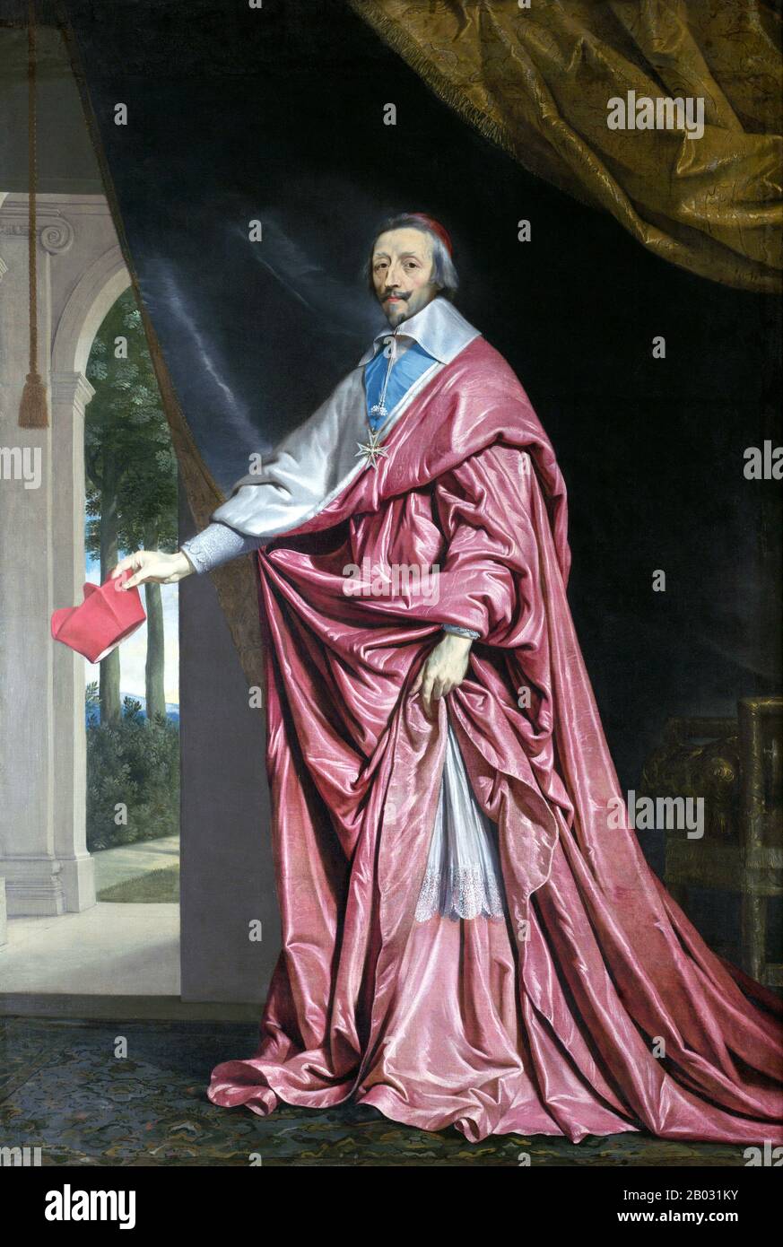 Armand Jean du Plessis, Cardinal-Herzog von Richelieu und von Fronsac (September 1585 - 4. Dezember 1642), allgemein als Kardinal Richelieu bezeichnet, war ein französischer Geistlicher, Adeliger und Staatsmann. 1607 wurde er zum Bischof und 1616 zum Außenminister ernannt. Richelieu stieg bald sowohl in der katholischen Kirche als auch in der französischen Regierung auf, wurde 1622 Kardinal und 1624 Chief Minister von König Louis XIII. Er blieb bis zu seinem Tod 1642 im Amt; er wurde Nachfolger von Kardinal Mazarin, dessen Karriere er gefördert hatte. Stockfoto
