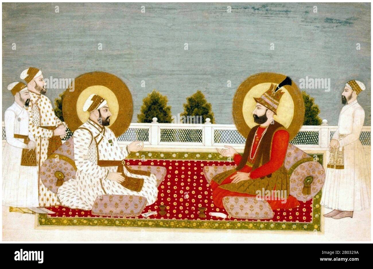 Nasir-ud-Din Muhammad Shah, Nasir-ud-Din Muhammad Shah Irkhwaz, Abu Al-Fatah Nasir-ud-Din Roshan Akhtar Muhammad Shah (17. August 1702 - 26. April 1748) war zwischen 1719 und 1748 der 12. Mughal-Kaiser. Nader Shah Afshar oder Nadir Shah, auch Nader Qoli Beg oder Tahmasp Qoli Khan genannt (November, 1688 oder 6. August 1698 - 19. Juni 1747) regierte als Schah von Persien (1736-47) und war einer der mächtigsten Herrschaften der iranischen Geschichte. Stockfoto
