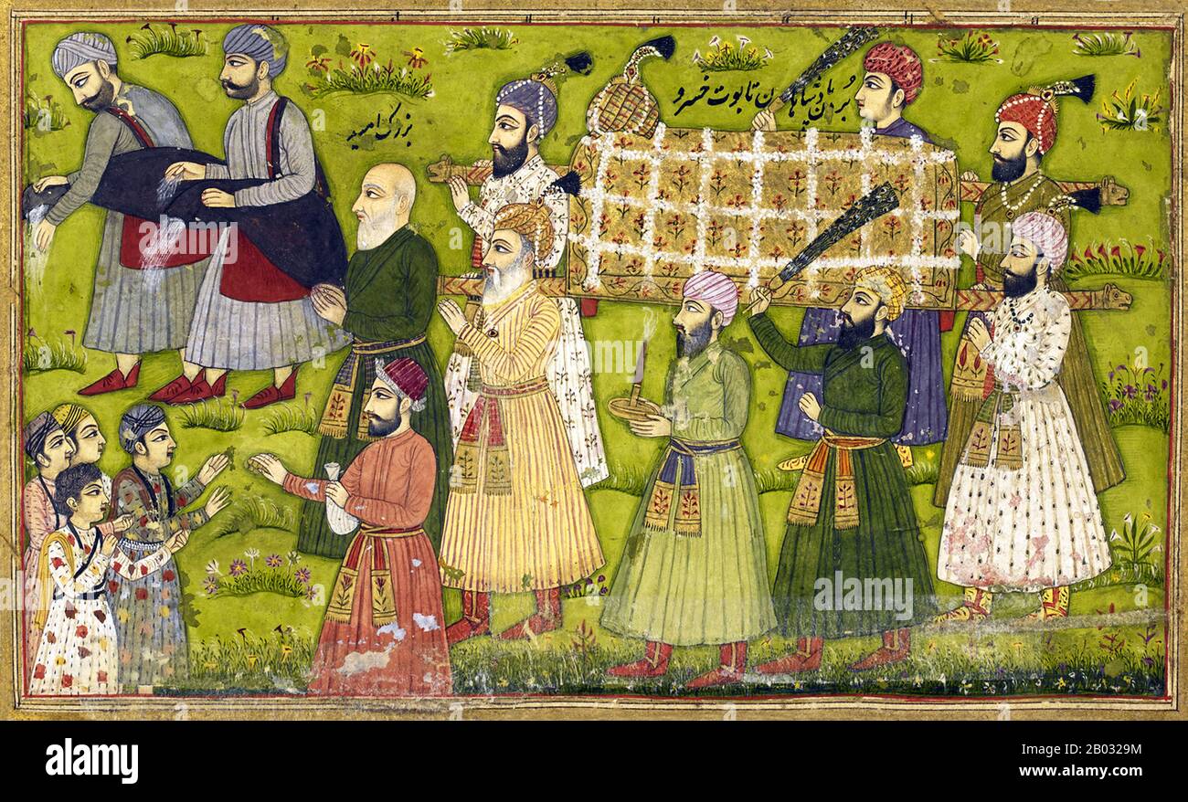 "Khosrow und Shirin", auch Khosrau und Shirin, Chosroes und Shirin, Husrow und Shireen sowie Khosru und Shirin geschrieben, ist der Titel einer gefeierten tragischen persischen Romanze des persischen Dichters Nizami Ganjavi (141-1209), der auch "Layla und Majnun" schrieb. Es erzählt eine aufwendige fiktive Version der Geschichte von der Liebe des sasanischen Königs Khosrow II. Für die Armenprinzessin Shirin, die seine Königin wird. Die Erzählung ist eine Liebesgeschichte persischen Ursprungs, die auch aus dem großen historischen Gedicht Shahnameh bekannt ist. Stockfoto