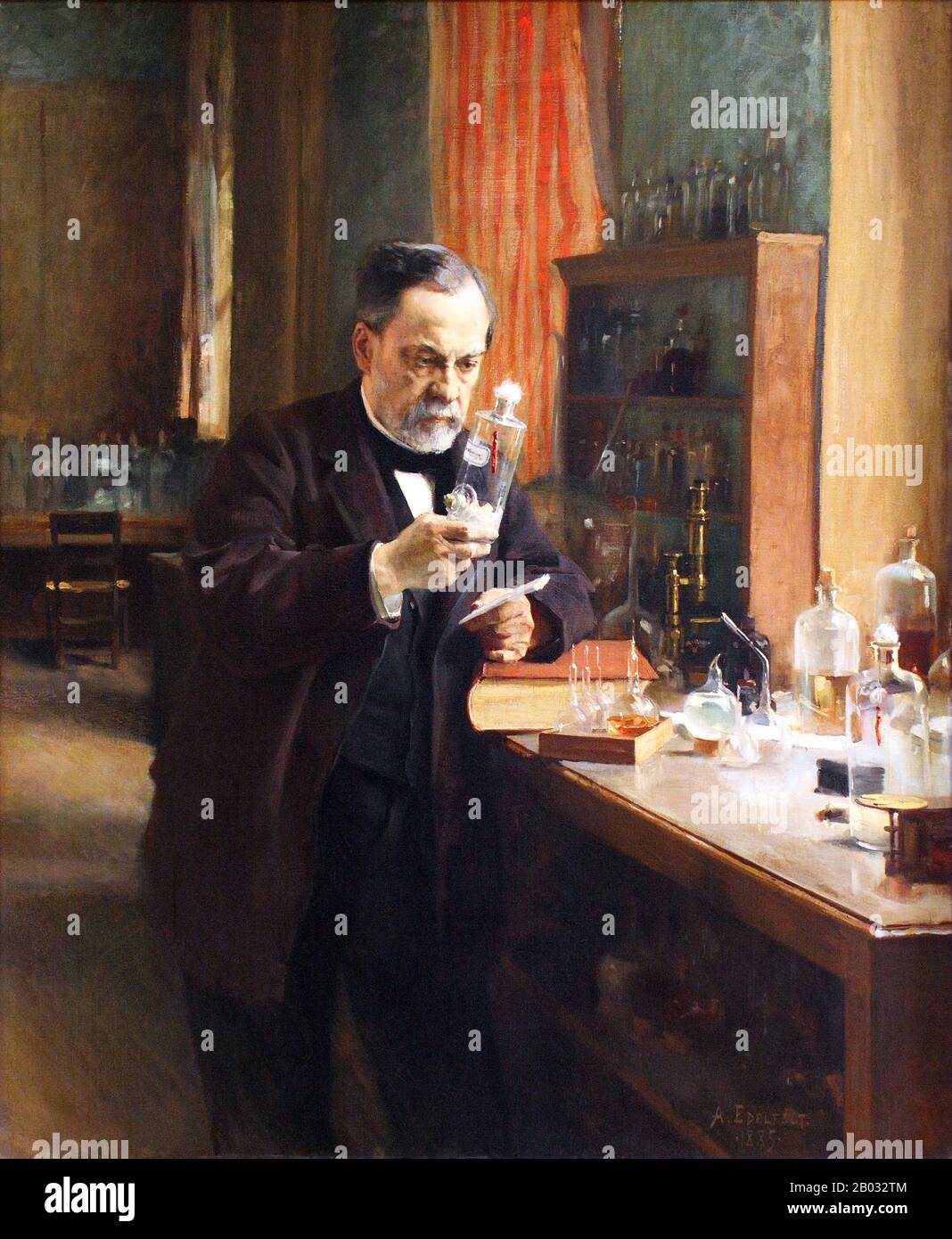Louis Pasteur (1822-1895) war ein französischer Chemiker und Mikrobiologe, der für seine Entdeckungen der Prinzipien der Impfung, der mikrobiellen Fermentation und der Pasteurisierung bekannt ist. Er reduzierte die Sterblichkeit durch Puerperalfieber und schuf die ersten Impfstoffe für Tollwut und Milzbrand. Pasteurs medizinische Entdeckungen unterstützten die Keimtheorie der Krankheit und ihre Anwendung in der klinischen Medizin direkt. Zusammen mit Ferdinand Cohn und Robert Koch gilt er als einer der drei Hauptgründer der Bakteriologie. Stockfoto