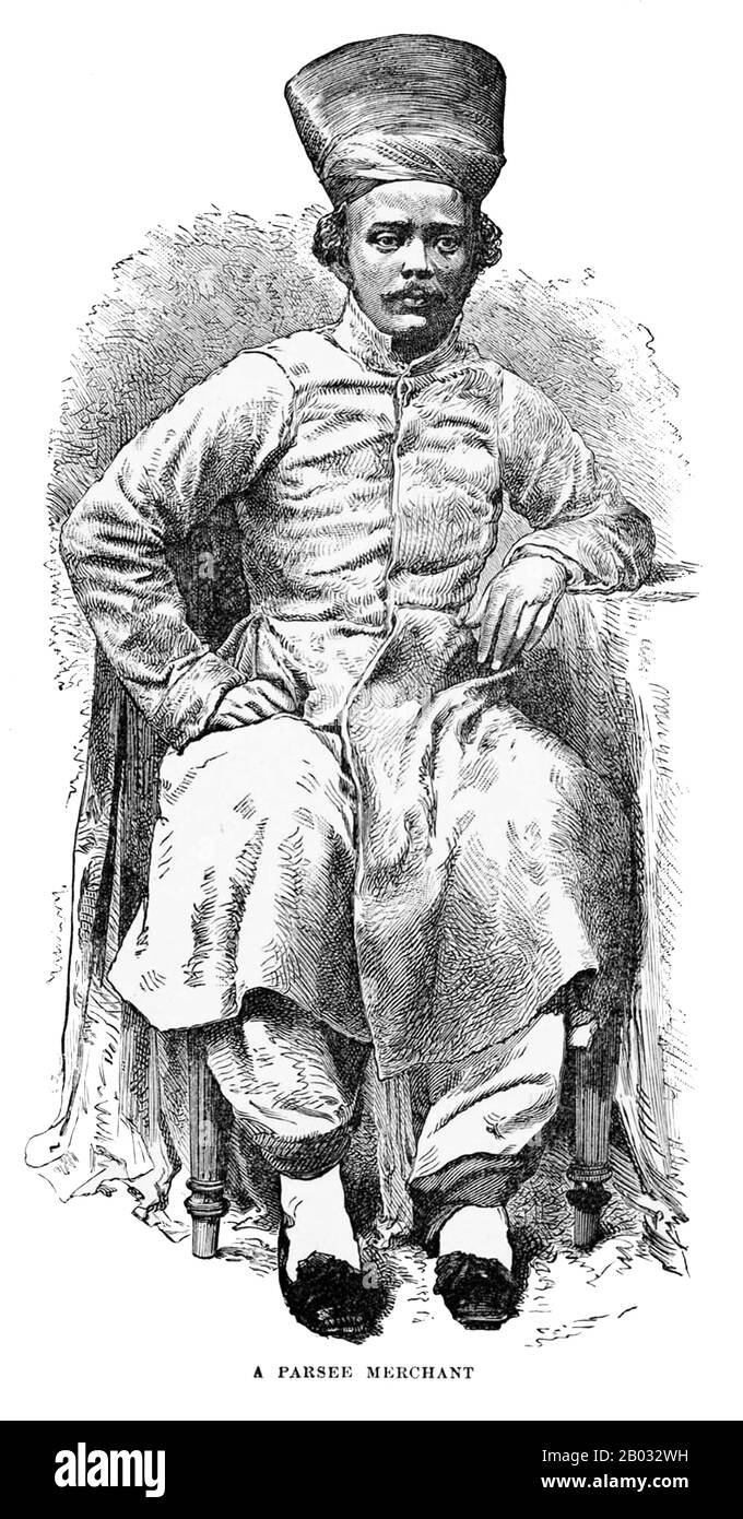 Der Zusammenbruch des persischen Sassanidenreiches im 7. Jahrhundert CE führte dazu, dass die Staatsreligion vom Zoroastrianismus zum Islam überging. Der Zoroastrianismus ging langsam von der Religion der meisten im Iran zu einer verfolgten Minderheit über. Zum Überleben ihres Glaubens und ihres Lebens hat sich eine große Anzahl Zoroastrier zur Auswanderung entschlossen. Nach Angaben des Qissa-i Sanjan landete eine Gruppe dieser Flüchtlinge im heutigen Gujarat, Indien, wo ihnen größere Freiheiten zur Einhaltung ihrer alten Bräuche und zum Erhalt ihres Glaubens gewährt wurden. Die Nachfahren dieser Zoroastrier, die heute als Parsis bekannt sind, würden ein spielen Stockfoto