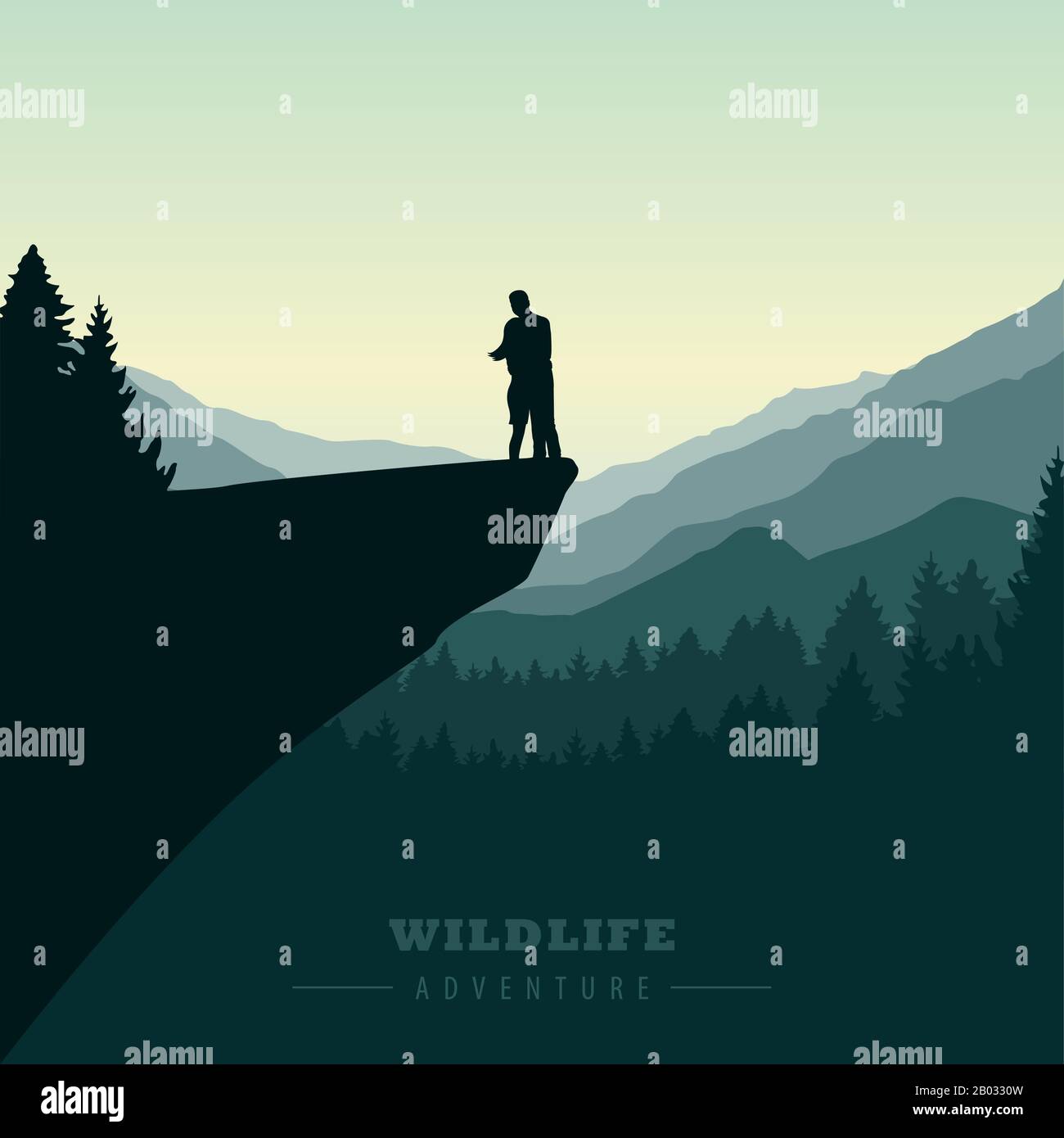 Wildlife Adventure Paar in den Bergen Green Nature Landscape Vector Illustration EPS10 Stock Vektor