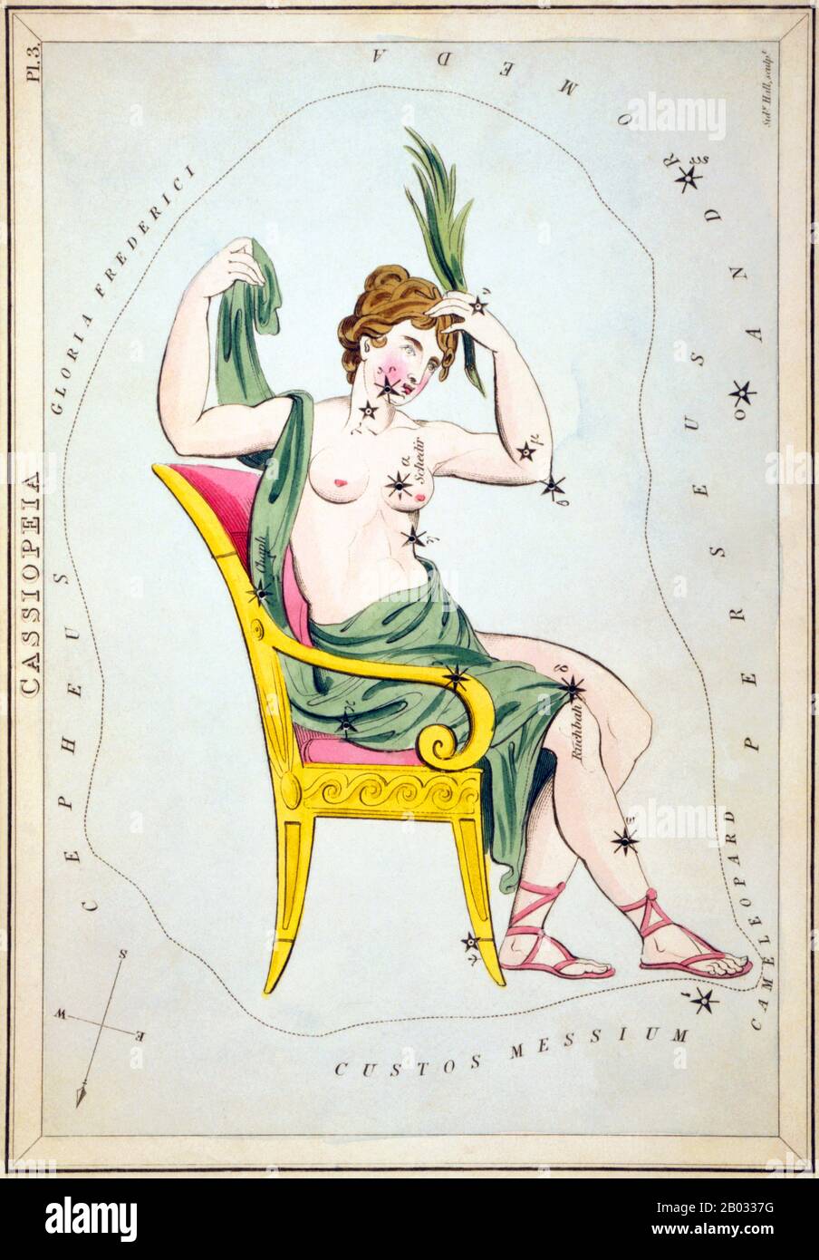 Der Spiegel der Urania; oder, eine Sicht auf Den Himmel ist ein Satz von 32 astronomischen Sternkarten, die erstmals im November 1824 veröffentlicht wurden. Sie hatten Illustrationen, die auf Alexander Jamiesons A Celestial Atlas basierten, aber durch das Hinzufügen von Löchern, die in ihnen gestochen wurden, konnten sie bis zu einem Licht gehalten werden, um eine Darstellung der Sterne des Sternenbildes zu sehen. Sie wurden von der Sidney Hall eingraviert und sollen von "einer Dame" entworfen worden sein, wurden aber seitdem als die Arbeit des Reverend Richard Rouse Bloxam identifiziert, eines Assistenzmeisters an der Rugby School. Das Cover des Box-Sets zeigte eine Darstellung der Urania, der Muse der Astronomie, an Stockfoto