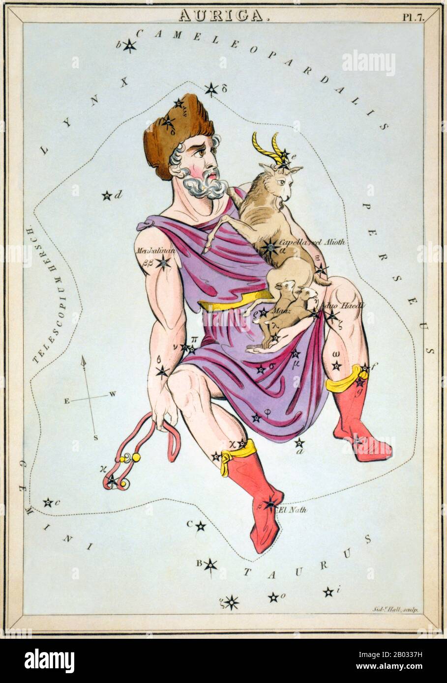 Der Spiegel der Urania; oder, eine Sicht auf Den Himmel ist ein Satz von 32 astronomischen Sternkarten, die erstmals im November 1824 veröffentlicht wurden. Sie hatten Illustrationen, die auf Alexander Jamiesons A Celestial Atlas basierten, aber durch das Hinzufügen von Löchern, die in ihnen gestochen wurden, konnten sie bis zu einem Licht gehalten werden, um eine Darstellung der Sterne des Sternenbildes zu sehen. Sie wurden von der Sidney Hall eingraviert und sollen von "einer Dame" entworfen worden sein, wurden aber seitdem als die Arbeit des Reverend Richard Rouse Bloxam identifiziert, eines Assistenzmeisters an der Rugby School. Das Cover des Box-Sets zeigte eine Darstellung der Urania, der Muse der Astronomie, an Stockfoto