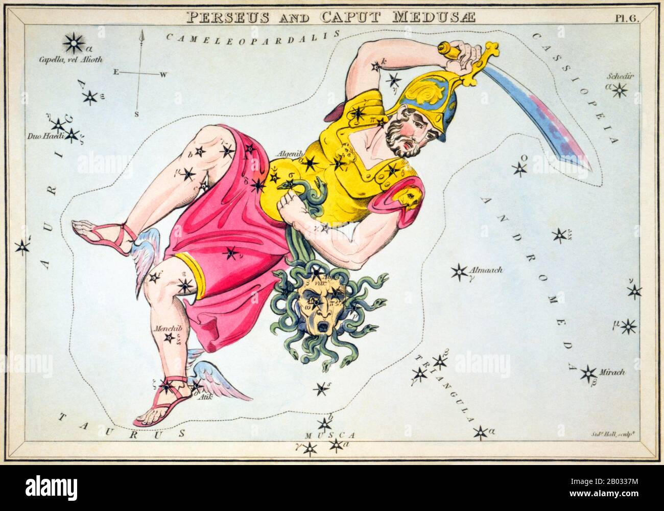 Der Spiegel der Urania; oder, eine Sicht auf Den Himmel ist ein Satz von 32 astronomischen Sternkarten, die erstmals im November 1824 veröffentlicht wurden. Sie hatten Illustrationen, die auf Alexander Jamiesons A Celestial Atlas basierten, aber durch das Hinzufügen von Löchern, die in ihnen gestochen wurden, konnten sie bis zu einem Licht gehalten werden, um eine Darstellung der Sterne des Sternenbildes zu sehen. Sie wurden von der Sidney Hall eingraviert und sollen von "einer Dame" entworfen worden sein, wurden aber seitdem als die Arbeit des Reverend Richard Rouse Bloxam identifiziert, eines Assistenzmeisters an der Rugby School. Das Cover des Box-Sets zeigte eine Darstellung der Urania, der Muse der Astronomie, an Stockfoto