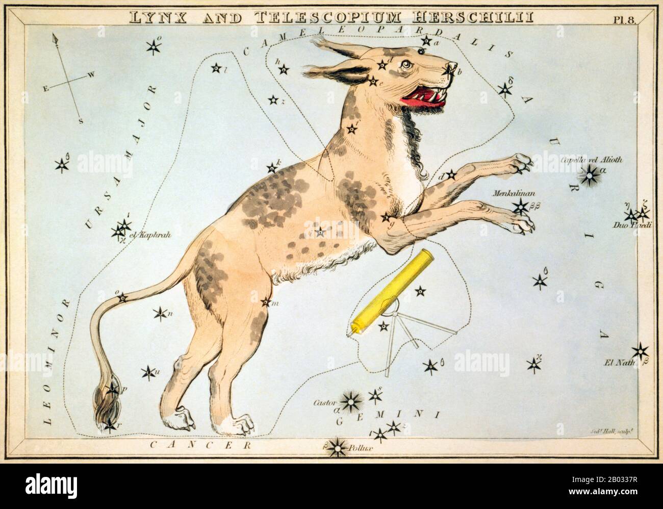 Der Spiegel der Urania; oder, eine Sicht auf Den Himmel ist ein Satz von 32 astronomischen Sternkarten, die erstmals im November 1824 veröffentlicht wurden. Sie hatten Illustrationen, die auf Alexander Jamiesons A Celestial Atlas basierten, aber durch das Hinzufügen von Löchern, die in ihnen gestochen wurden, konnten sie bis zu einem Licht gehalten werden, um eine Darstellung der Sterne des Sternenbildes zu sehen. Sie wurden von der Sidney Hall eingraviert und sollen von "einer Dame" entworfen worden sein, wurden aber seitdem als die Arbeit des Reverend Richard Rouse Bloxam identifiziert, eines Assistenzmeisters an der Rugby School. Das Cover des Box-Sets zeigte eine Darstellung der Urania, der Muse der Astronomie, an Stockfoto