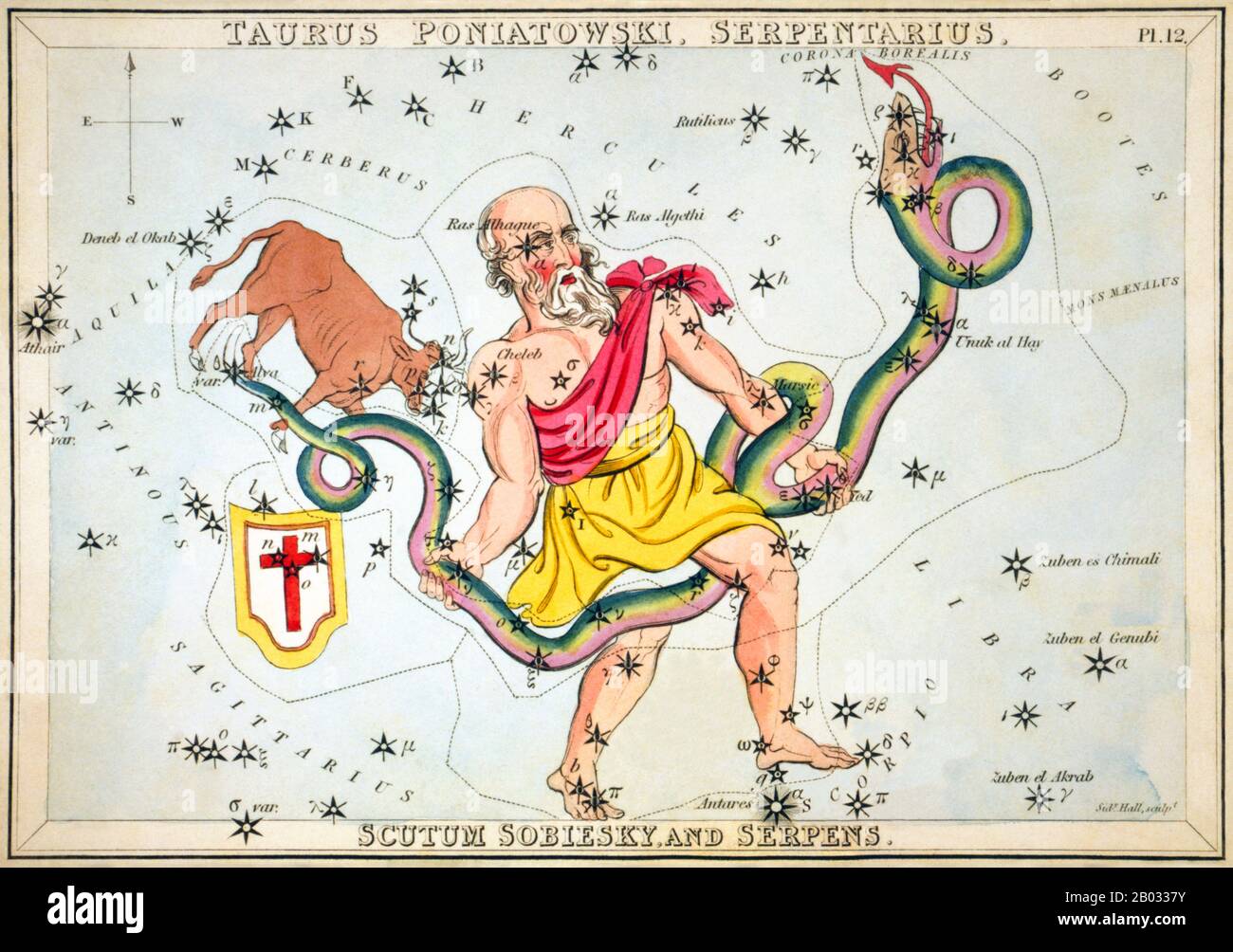 Der Spiegel der Urania; oder, eine Sicht auf Den Himmel ist ein Satz von 32 astronomischen Sternkarten, die erstmals im November 1824 veröffentlicht wurden. Sie hatten Illustrationen, die auf Alexander Jamiesons A Celestial Atlas basierten, aber durch das Hinzufügen von Löchern, die in ihnen gestochen wurden, konnten sie bis zu einem Licht gehalten werden, um eine Darstellung der Sterne des Sternenbildes zu sehen. Sie wurden von der Sidney Hall eingraviert und sollen von "einer Dame" entworfen worden sein, wurden aber seitdem als die Arbeit des Reverend Richard Rouse Bloxam identifiziert, eines Assistenzmeisters an der Rugby School. Das Cover des Box-Sets zeigte eine Darstellung der Urania, der Muse der Astronomie, an Stockfoto