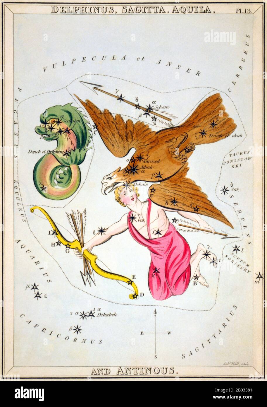 Der Spiegel der Urania; oder, eine Sicht auf Den Himmel ist ein Satz von 32 astronomischen Sternkarten, die erstmals im November 1824 veröffentlicht wurden. Sie hatten Illustrationen, die auf Alexander Jamiesons A Celestial Atlas basierten, aber durch das Hinzufügen von Löchern, die in ihnen gestochen wurden, konnten sie bis zu einem Licht gehalten werden, um eine Darstellung der Sterne des Sternenbildes zu sehen. Sie wurden von der Sidney Hall eingraviert und sollen von "einer Dame" entworfen worden sein, wurden aber seitdem als die Arbeit des Reverend Richard Rouse Bloxam identifiziert, eines Assistenzmeisters an der Rugby School. Das Cover des Box-Sets zeigte eine Darstellung der Urania, der Muse der Astronomie, an Stockfoto