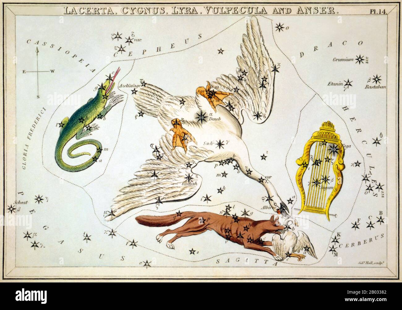 Der Spiegel der Urania; oder, eine Sicht auf Den Himmel ist ein Satz von 32 astronomischen Sternkarten, die erstmals im November 1824 veröffentlicht wurden. Sie hatten Illustrationen, die auf Alexander Jamiesons A Celestial Atlas basierten, aber durch das Hinzufügen von Löchern, die in ihnen gestochen wurden, konnten sie bis zu einem Licht gehalten werden, um eine Darstellung der Sterne des Sternenbildes zu sehen. Sie wurden von der Sidney Hall eingraviert und sollen von "einer Dame" entworfen worden sein, wurden aber seitdem als die Arbeit des Reverend Richard Rouse Bloxam identifiziert, eines Assistenzmeisters an der Rugby School. Das Cover des Box-Sets zeigte eine Darstellung der Urania, der Muse der Astronomie, an Stockfoto