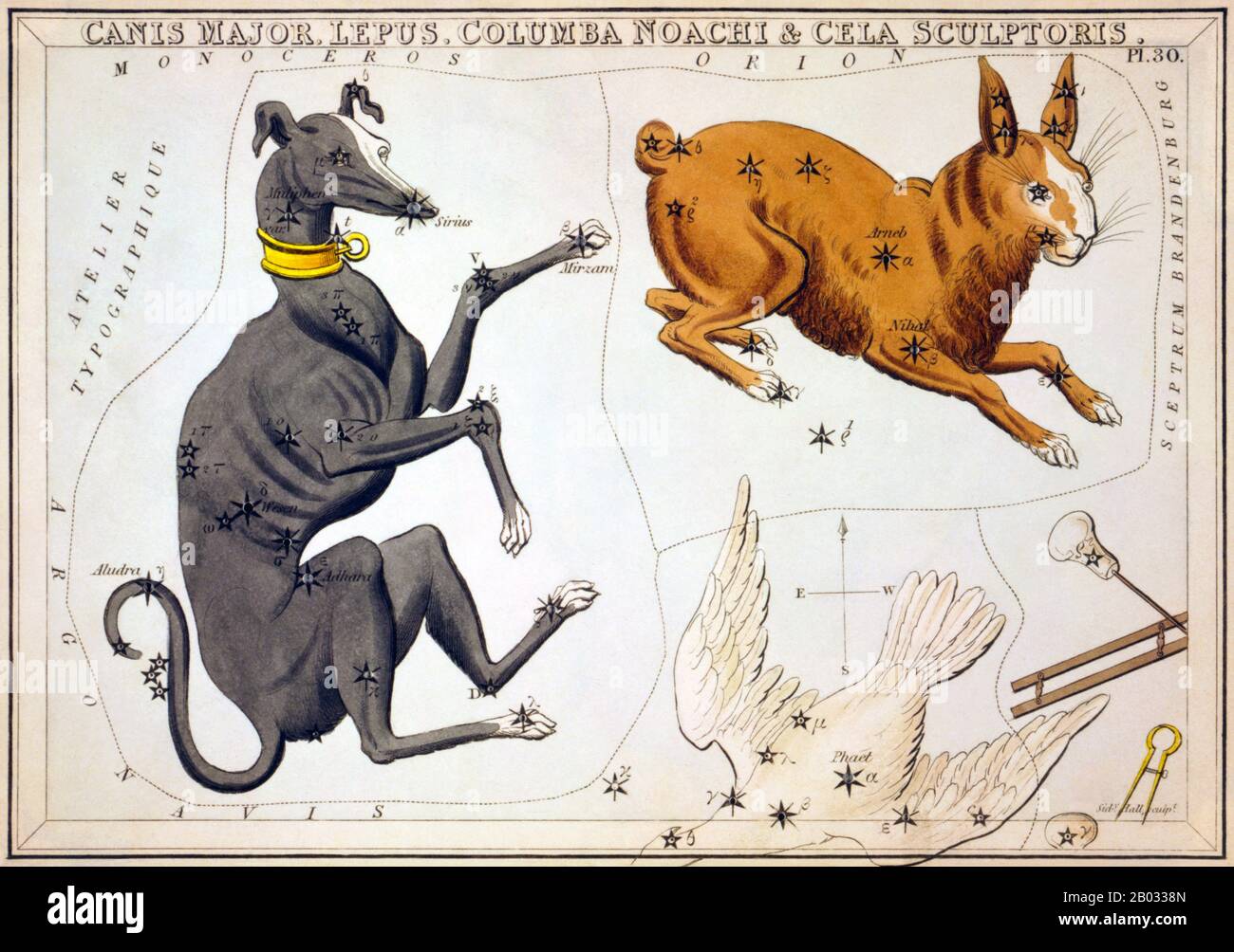 Der Spiegel der Urania; oder, eine Sicht auf Den Himmel ist ein Satz von 32 astronomischen Sternkarten, die erstmals im November 1824 veröffentlicht wurden. Sie hatten Illustrationen, die auf Alexander Jamiesons A Celestial Atlas basierten, aber durch das Hinzufügen von Löchern, die in ihnen gestochen wurden, konnten sie bis zu einem Licht gehalten werden, um eine Darstellung der Sterne des Sternenbildes zu sehen. Sie wurden von der Sidney Hall eingraviert und sollen von "einer Dame" entworfen worden sein, wurden aber seitdem als die Arbeit des Reverend Richard Rouse Bloxam identifiziert, eines Assistenzmeisters an der Rugby School. Das Cover des Box-Sets zeigte eine Darstellung der Urania, der Muse der Astronomie, an Stockfoto