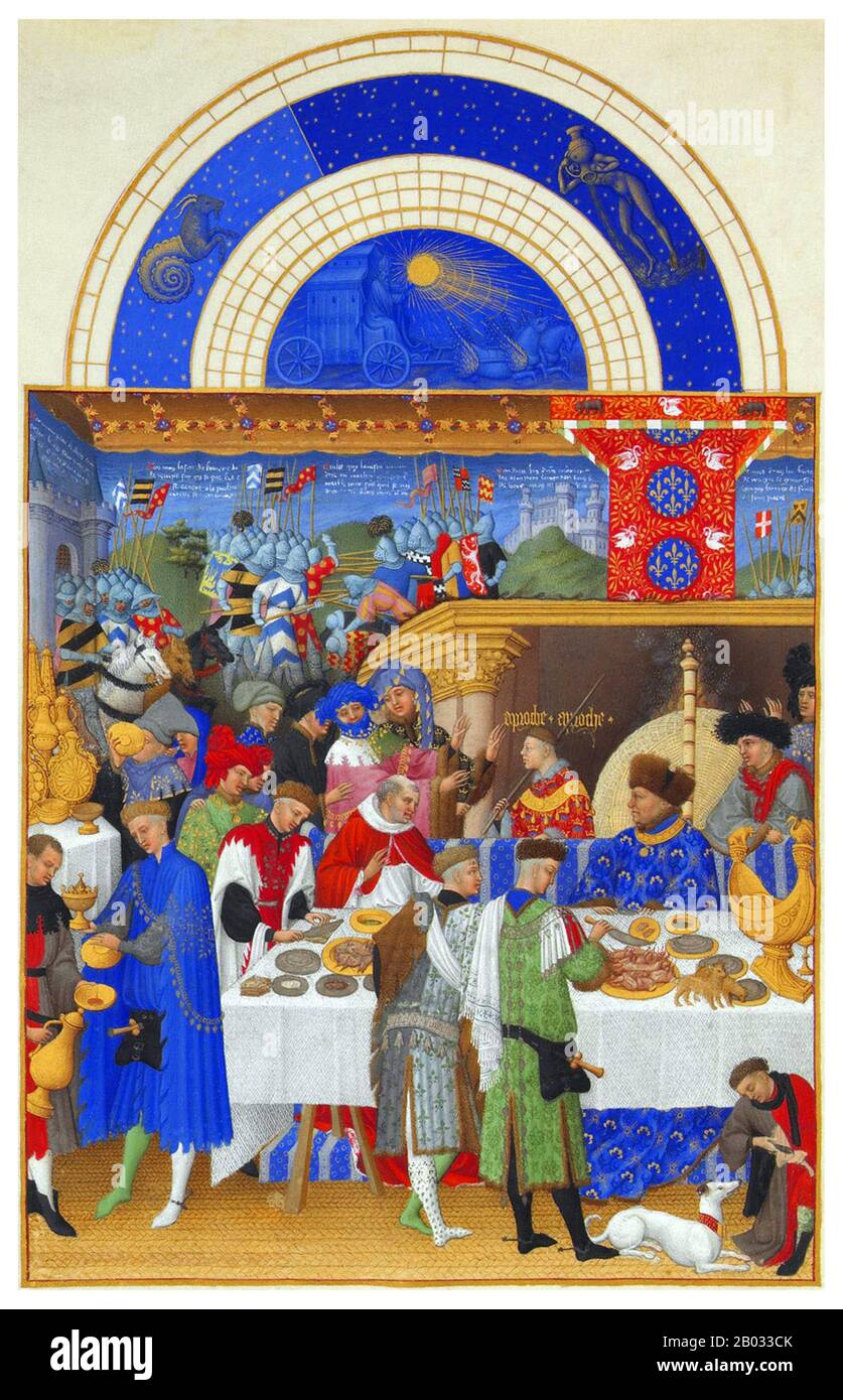 Das Tres Riches Heures du Duc de Berry ist das bekannteste und möglicherweise das beste erhaltene Beispiel für die französische Gothic-Handschriftenbeleuchtung, die die spätinternationale Gothic-Phase des Stils zeigt. Es ist ein Stundenbuch: Eine Sammlung von gebeten, die zu den kanonischen Stunden gesagt werden sollen. Sie entstand zwischen c 1412 und 1416 für den extravaganten königlichen Bibliothekaren und Patron Johannes, Herzog von Berry, durch die Brüder Limbourg. Als die drei Maler und ihr Förderer 1416 starben, möglicherweise Opfer der Plage, blieb das Manuskript unfertig. Sie wurde in den 1440er Jahren von einem anonymen Maler weiter verschönert Stockfoto