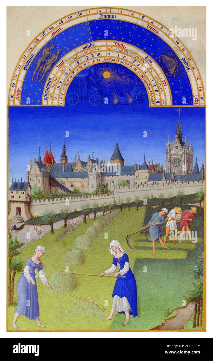 Das Tres Riches Heures du Duc de Berry ist das bekannteste und möglicherweise das beste erhaltene Beispiel für die französische Gothic-Handschriftenbeleuchtung, die die spätinternationale Gothic-Phase des Stils zeigt. Es ist ein Stundenbuch: Eine Sammlung von gebeten, die zu den kanonischen Stunden gesagt werden sollen. Sie entstand zwischen c 1412 und 1416 für den extravaganten königlichen Bibliothekaren und Patron Johannes, Herzog von Berry, durch die Brüder Limbourg. Als die drei Maler und ihr Förderer 1416 starben, möglicherweise Opfer der Plage, blieb das Manuskript unfertig. Sie wurde in den 1440er Jahren von einem anonymen Maler weiter verschönert Stockfoto