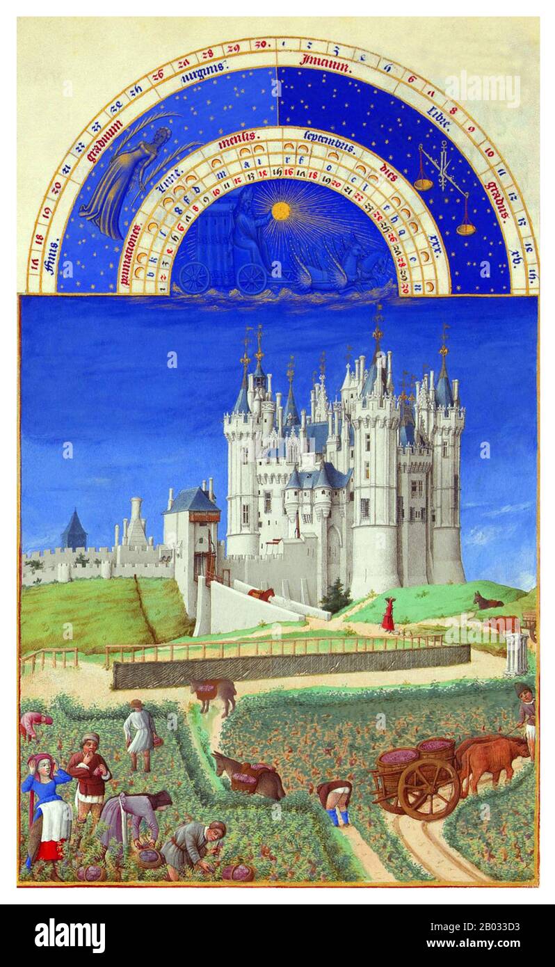 Das Tres Riches Heures du Duc de Berry ist das bekannteste und möglicherweise das beste erhaltene Beispiel für die französische Gothic-Handschriftenbeleuchtung, die die spätinternationale Gothic-Phase des Stils zeigt. Es ist ein Stundenbuch: Eine Sammlung von gebeten, die zu den kanonischen Stunden gesagt werden sollen. Sie entstand zwischen c 1412 und 1416 für den extravaganten königlichen Bibliothekaren und Patron Johannes, Herzog von Berry, durch die Brüder Limbourg. Als die drei Maler und ihr Förderer 1416 starben, möglicherweise Opfer der Plage, blieb das Manuskript unfertig. Sie wurde in den 1440er Jahren von einem anonymen Maler weiter verschönert Stockfoto