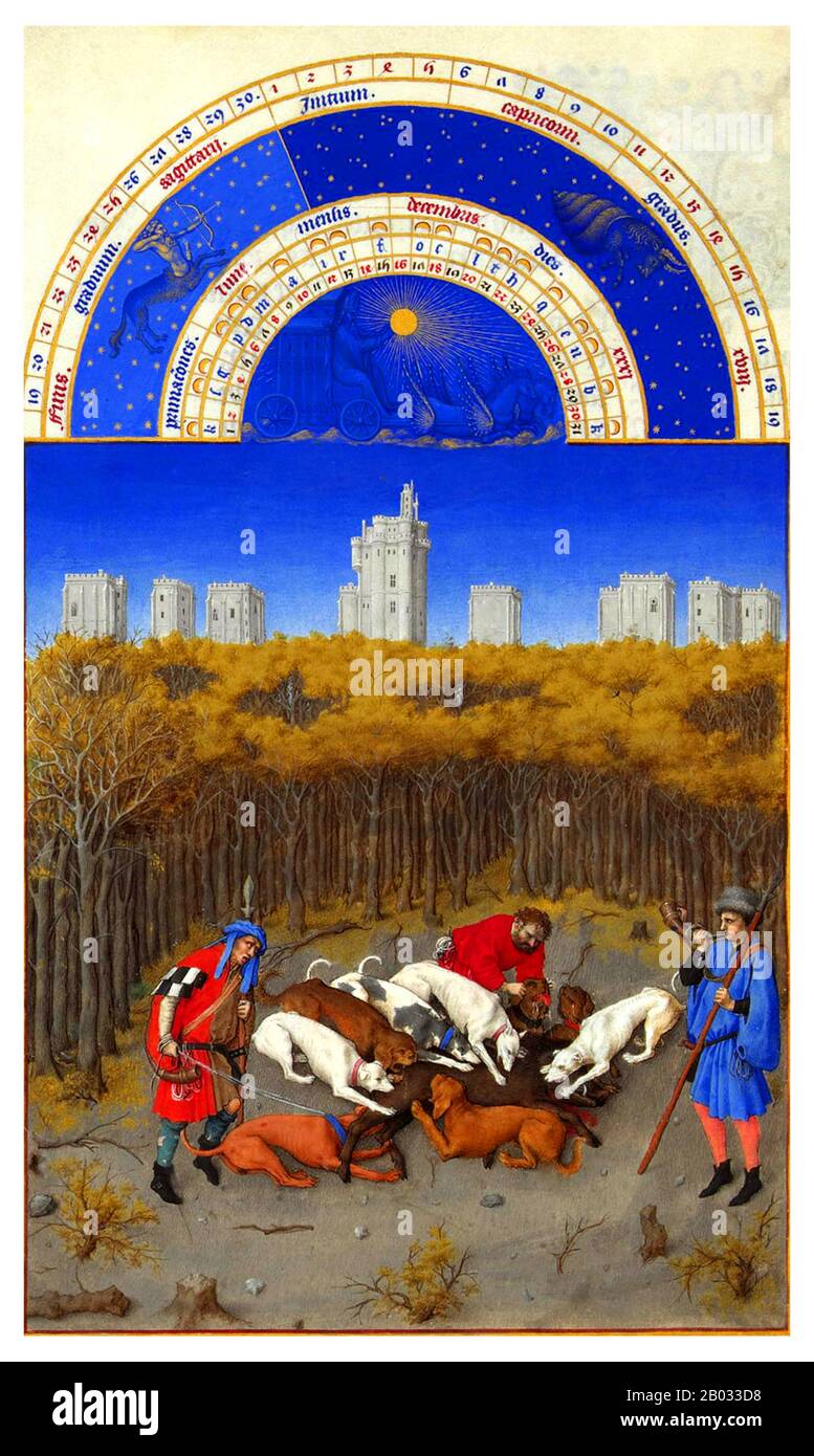 Das Tres Riches Heures du Duc de Berry ist das bekannteste und möglicherweise das beste erhaltene Beispiel für die französische Gothic-Handschriftenbeleuchtung, die die spätinternationale Gothic-Phase des Stils zeigt. Es ist ein Stundenbuch: Eine Sammlung von gebeten, die zu den kanonischen Stunden gesagt werden sollen. Sie entstand zwischen c 1412 und 1416 für den extravaganten königlichen Bibliothekaren und Patron Johannes, Herzog von Berry, durch die Brüder Limbourg. Als die drei Maler und ihr Förderer 1416 starben, möglicherweise Opfer der Plage, blieb das Manuskript unfertig. Sie wurde in den 1440er Jahren von einem anonymen Maler weiter verschönert Stockfoto