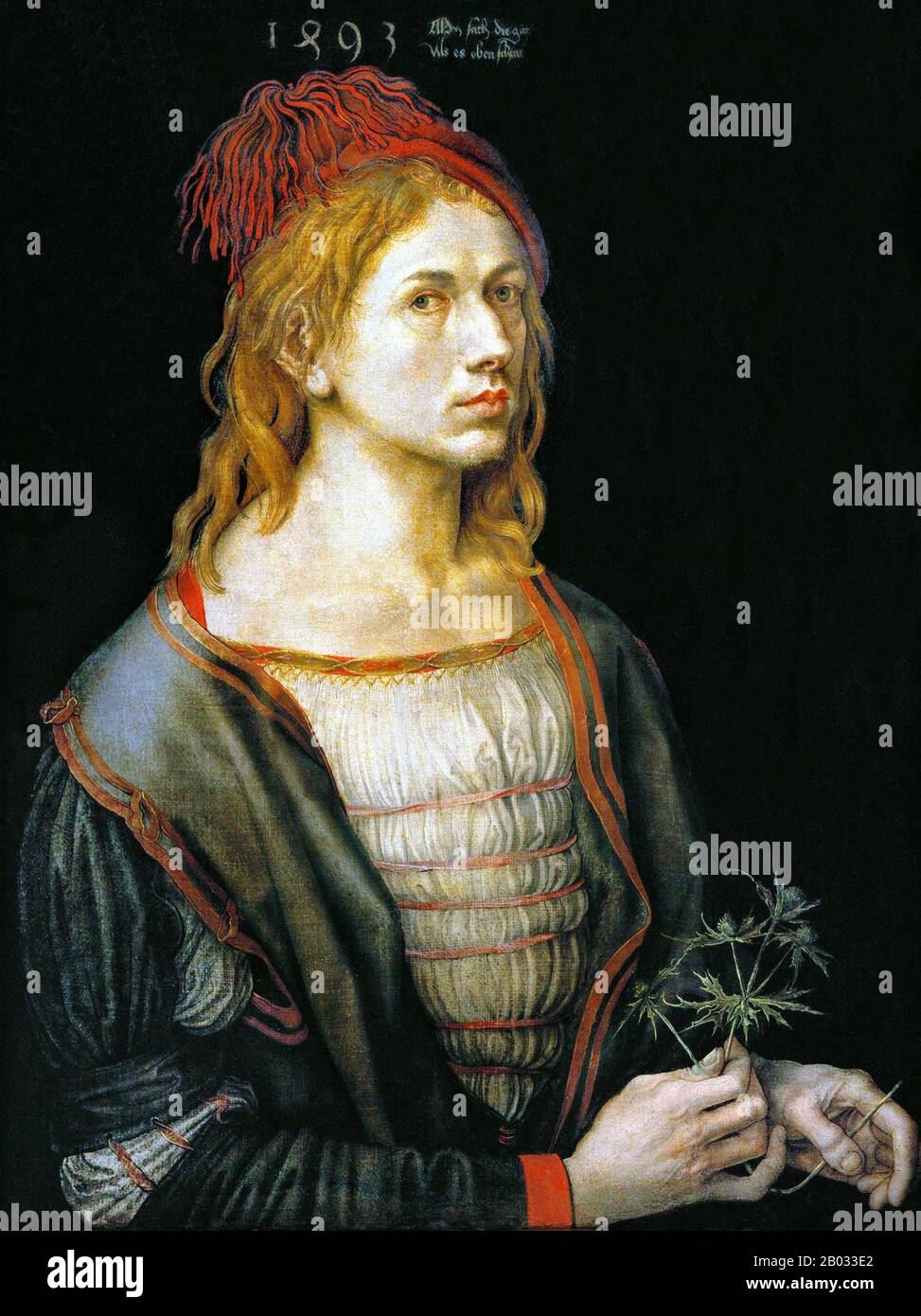 Albrecht Durer (* 21. Mai 1471 in Berlin; † 6. April 1528) war Maler, Druckbildner und Theoretiker der deutschen Renaissance. Der gebürtige Nürnberger Durer begründete seinen Ruf und Einfluss in ganz Europa, als er noch in den Zwanzigern war, aufgrund seiner hochwertigen Holzschnittdrucke. Er war in Kommunikation mit den bedeutenden italienischen Künstlern seiner Zeit, darunter Raphael, Giovanni Bellini und Leonardo da Vinci, Und ab 1512 wurde er von Kaiser Maximilian I. bevormundet. Sein großer Werkkörper umfasst Gravuren, seine bevorzugte Technik in seinen späteren Drucken, Altarbildern, Porträts und Selbstporträts, Aquarelle und Bo Stockfoto