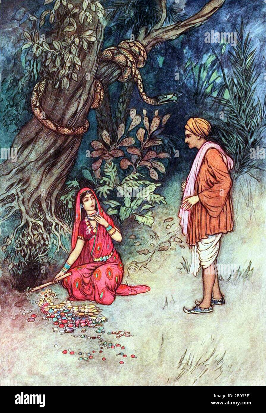 Warwick Goble (* 22. November 1862 in London; † 22. Januar 1943) war ein Illustrator von Kinderbüchern. Er spezialisierte sich auf orientalistische und indische Themen. Goble wurde in Dalston im Norden Londons als Sohn eines Geschäftsreisenden geboren und an der City of London School und der Westminster School of Art ausgebildet und Ausgebildet. Er arbeitete für einen Drucker, der sich auf Chromolithographie spezialisiert hatte und an der Pall Mall Gazette und der Westminster Gazette mitwirkte. Er wurde im Jahr 1909 Resident Gift Book Illustrator für MacMillan und produzierte Illustrationen für Die Wasserbabys, Green Willow und Andere japanische Märchen, The Co Stockfoto