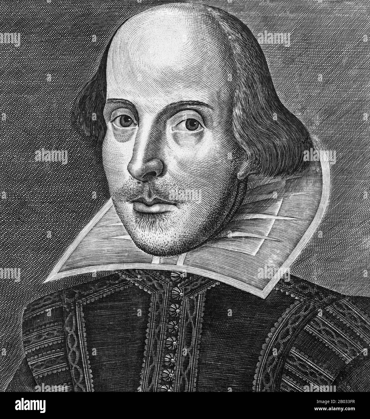 William Shakespeare (26. April 1564 - 23. April 1616) war ein englischer Dichter, Dramatiker und Schauspieler, der weithin als der größte Schriftsteller in der englischen Sprache und der vornehmste Dramatiker der Welt gilt. Seine extanten Werke, darunter Kollaborationen, bestehen aus etwa 38 Theaterstücken, 154 Sonetten, zwei langen erzählenden Gedichten und einigen anderen Versen, teilweise aus unsicherer Autorschaft. Seine Stücke wurden in jede große lebende Sprache übersetzt und werden häufiger aufgeführt als die eines anderen Dramatikers. Das Droeshout Porträt oder Droeshout Gravur ist ein von Marti graviertes Porträt von William Shakespeare Stockfoto