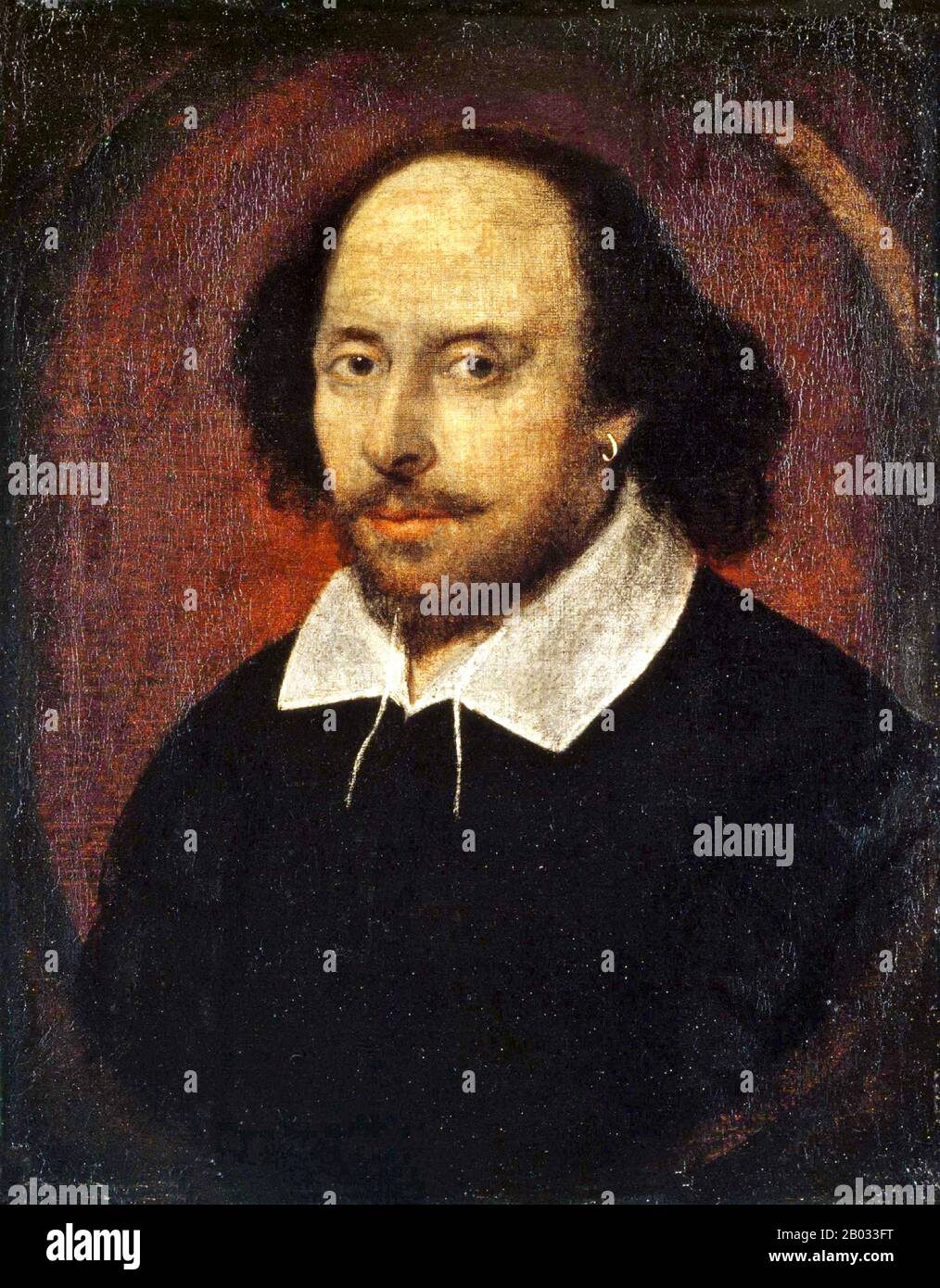William Shakespeare (26. April 1564 - 23. April 1616) war ein englischer Dichter, Dramatiker und Schauspieler, der weithin als der größte Schriftsteller in der englischen Sprache und der vornehmste Dramatiker der Welt gilt. Seine extanten Werke, darunter Kollaborationen, bestehen aus etwa 38 Theaterstücken, 154 Sonetten, zwei langen erzählenden Gedichten und einigen anderen Versen, teilweise aus unsicherer Autorschaft. Seine Stücke wurden in jede große lebende Sprache übersetzt und werden häufiger aufgeführt als die eines anderen Dramatikers. Das Chandos-Porträt ist das bekannteste der Porträts, die William Shakespeare darstellen können. Painte Stockfoto
