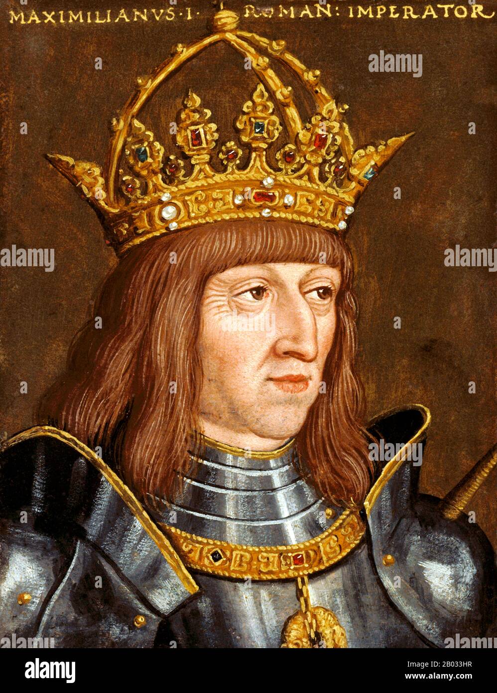 Maximilian I. (22. März 1459 - 12. Januar 1519), Sohn von Friedrich III., Heiliger römischer Kaiser, Und Eleanor von Portugal, war König der Römer (auch als König der Deutschen bekannt) von 1486 und Heiliger römischer Kaiser von 1508 bis zu seinem Tod, obwohl er in Wirklichkeit nie vom Papst gekrönt wurde, war die Reise nach Rom immer zu riskant. Er hatte die letzten zehn Jahre der Regentschaft seines Vaters gemeinsam mit seinem Vater regiert, vom c 1483. Er erweiterte den Einfluss des Hauses Habsburg durch Krieg und seine Heirat 1477 auf Maria von Burgstall, die Erbin des Herzogthums von Burgstall, aber er verlor auch Die Aus Stockfoto