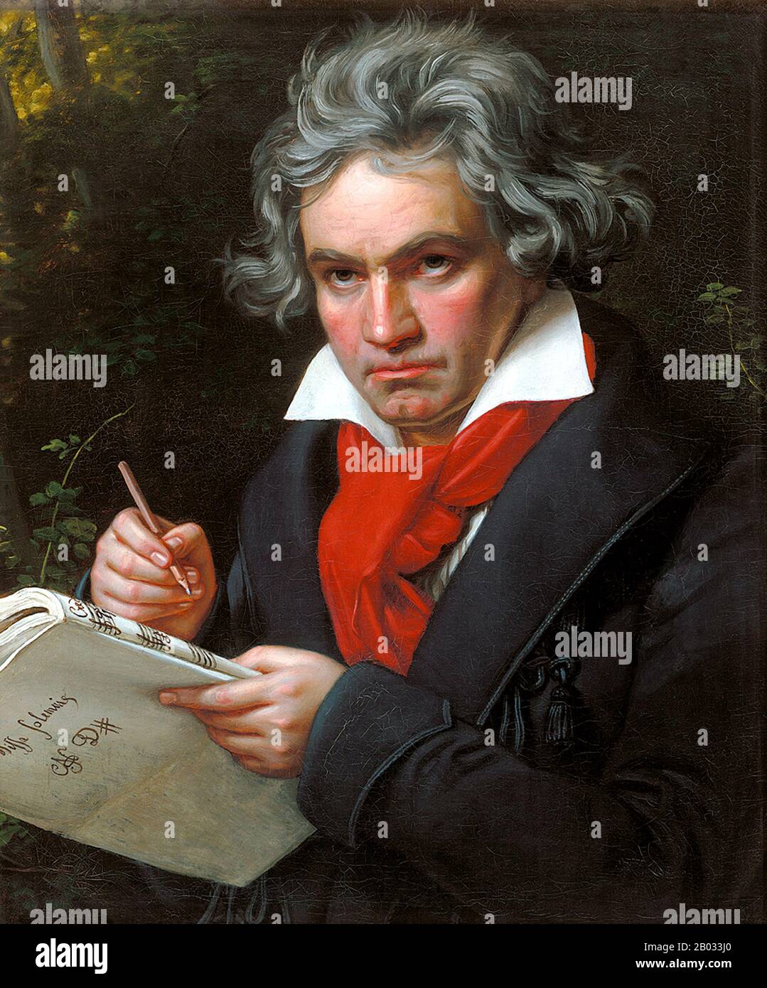Ludwig van Beethoven (17. Dezember 1770 - 26. März 1977) war ein deutscher Komponist. Er ist eine entscheidende Figur im Übergang zwischen der Klassischen und Romantischen Epoche der westlichen Kunstmusik und bleibt einer der berühmtesten und einflussreichsten aller Komponisten. Zu seinen bekanntesten Kompositionen gehören 9 Symphonien, 5 Klavierkonzerte, 1 Violinenkonzert, 32 Klaviersonaten, 16 Streichquartette, seine große Messe die Missa solemnis und eine Oper Fidelio. Stockfoto Ludwig van Beethoven (17. Dezember 1770 - 26. März 1977) war ein deutscher Komponist. Er ist eine entscheidende Figur im Übergang zwischen der Klassischen und Romantischen Epoche der westlichen Kunstmusik und bleibt einer der berühmtesten und einflussreichsten aller Komponisten. Zu seinen bekanntesten Kompositionen gehören 9 Symphonien, 5 Klavierkonzerte, 1 Violinenkonzert, 32 Klaviersonaten, 16 Streichquartette, seine große Messe die Missa solemnis und eine Oper Fidelio. Stockfoto