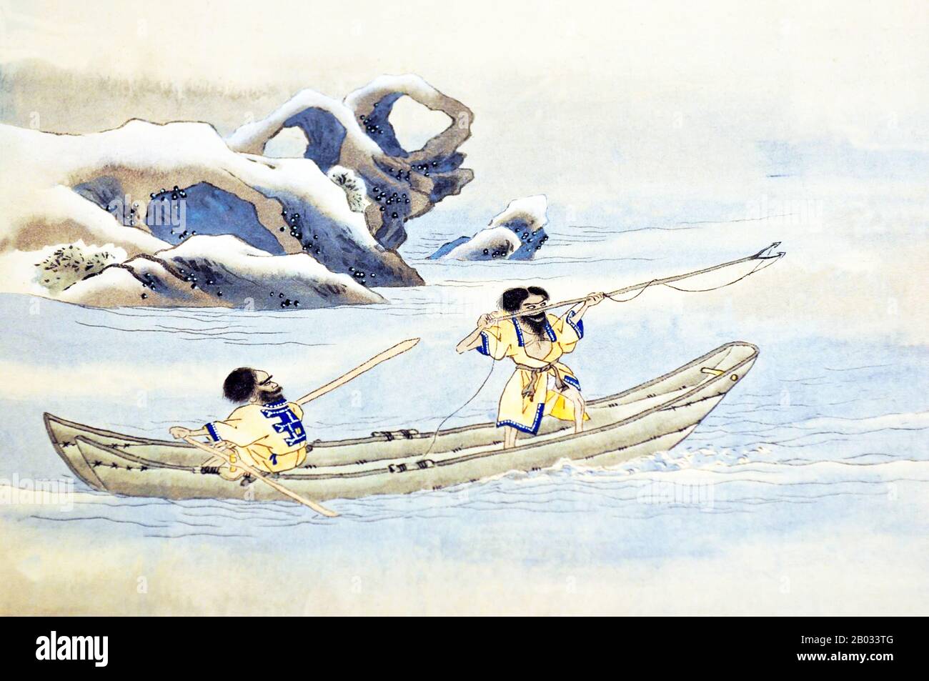 Diese Bildrolle ist eine Kopie ausgewählter Abschnitte des Ezo Shima Kikan (Ungewöhnliche Ansichten der Insel Ezo [Hokkaido]) von Hata Awagimaro, die in Kansei 11 (1799) fertiggestellt wurde und als die bemerkenswerteste Arbeit angesehen wird, die das zeitgleiche Leben des Ainu darstellt. Die Ainu oder in historischen japanischen Texten Ezo, sind ein indigenes Volk Japans (Hokkaido, früher nordöstlicher Honshu) und Russlands (Sachalin und die Kurilinseln). Stockfoto