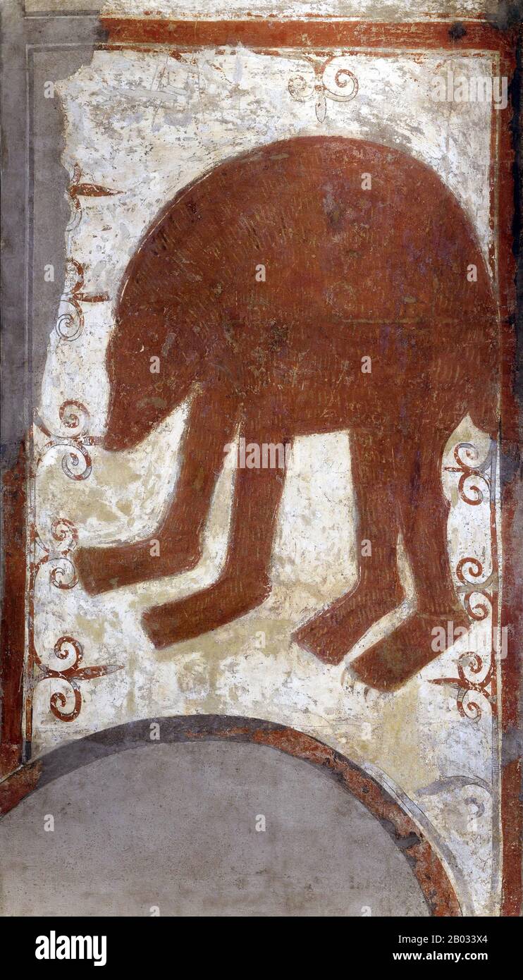 Die Einöde von San Baudelio de Berlanga (Ermita de San Baudelio de Berlanga) ist eine Kirche aus dem frühen 11. Jahrhundert in Caltojar in der Provinz Soria, Spanien, 80 km südlich von Berlanga de Duero. Es ist ein Beispiel mozarabischer Architektur und wurde im 11. Jahrhundert in der damaligen Grenze zwischen islamischem und christlichem Land errichtet. Sie ist dem Heiligen Baudilus oder Baudel gewidmet. Die Einsiedelei beherbergte viele feine, romantische Freskenbilder von etwa 1125; die meisten davon wurden entfernt, einige sind aber geblieben. Zwei Abschnitte, die auf Leinwand übertragen werden, befinden sich heute im Indianapolis Museum of Art, das die En zeigt Stockfoto