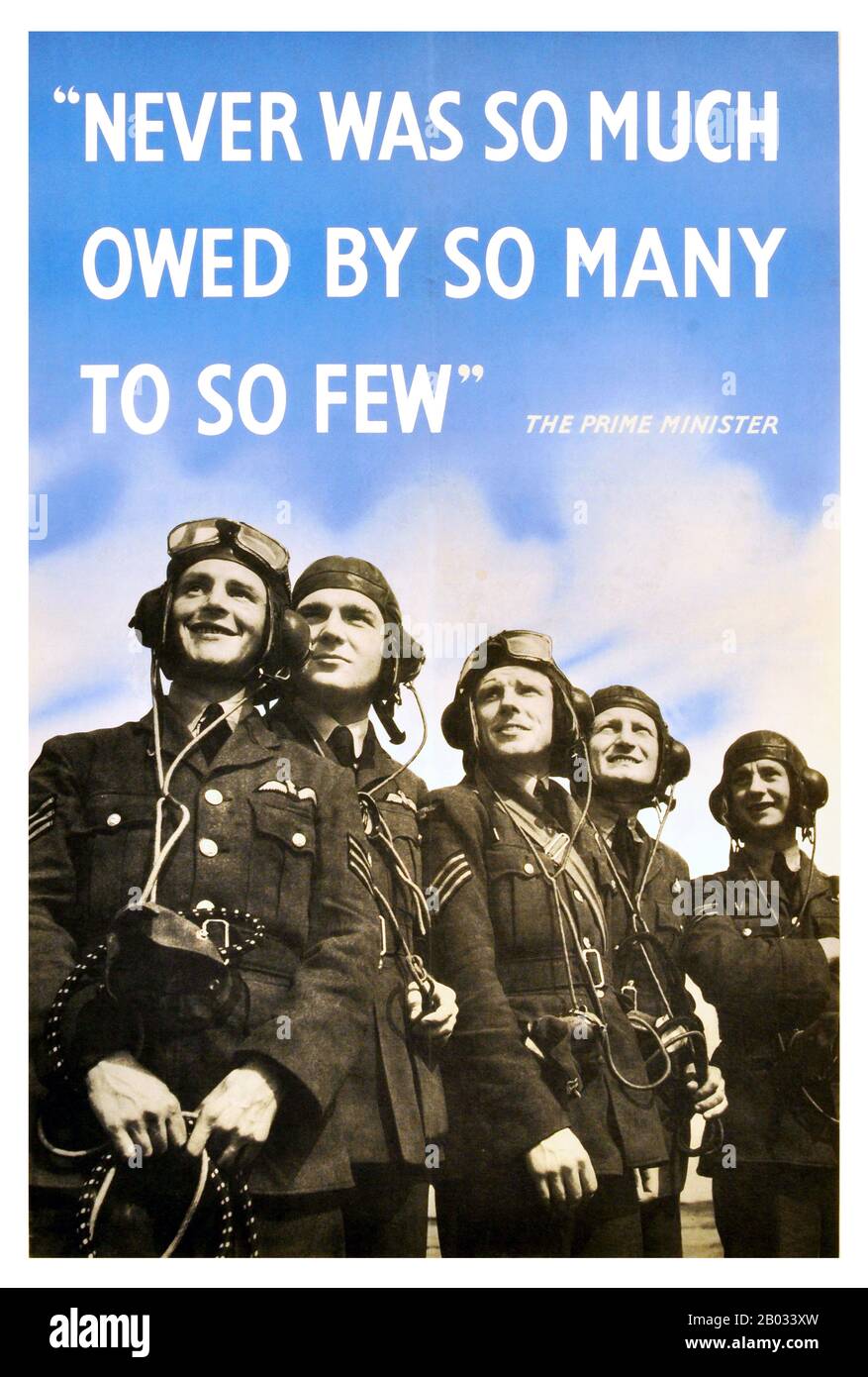 "Nie war so viel von so vielen bis so wenigen geschuldet", war eine Kriegsrede des britischen Premierministers Winston Churchill vom 20. August 1940. Der Name rührt von der spezifischen Linie in der Rede her, die sich auf die fortlaufenden Bemühungen der Royal Air Force Crews bezieht, die zu der Zeit die Schlacht um Großbritannien, die entscheidende Luftschlacht mit der deutschen Luftwaffe mit Großbritannien, die eine deutsche Invasion erwartete, bekämpften. Sowie die gefährliche Bombenkampagne über Deutschland zu starten. Stockfoto