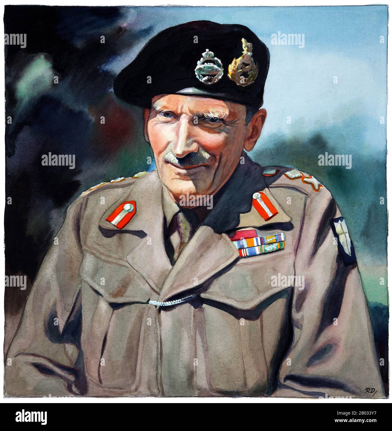 Die Zweite Schlacht von El Alamein (23. Oktober bis 11. November 1942) war eine große Schlacht des Zweiten Weltkriegs, die in der Nähe des ägyptischen Bahnhalters El Alamein stattfand. Mit den Alliierten als Sieger markierte sie einen wichtigen Wendepunkt in der Kampagne der westlichen Wüste des Zweiten Weltkriegs. Feldmarschall Bernard Law Montgomery, 1st Viscount Montgomery of Alamein, KG, GCB, DSO, PC (17. November 1887 - 24. März 1976), Spitzname 'Monty' und 'Sparan General', war ein leitender Offizier der britischen Armee und Sieger bei El-Alamein. Stockfoto